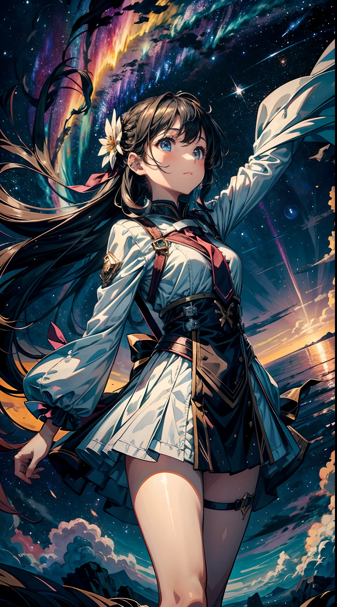 Let the sun sink below the horizon, The world plunges into darkness, And above the clouds, A breathtaking panorama opens up. The velvety night sky becomes a tapestry of heaven, Vibrant with the luminous glow of countless stars. The Milky Way stretches across the heavens like a river of stardust, Weaving through distant constellations. 
break
Above the swirling clouds, Lonely clouds float, Provide a platform for young girls to stand. Her figure, Silhouette on space background, Emanates a sense of quiet contemplation. Her delicate shape is、Surrounded by a cascade of flowing hair, Blowing in the ethereal breeze that shakes the heavens. 
break
Turn her back to the viewer, The girl stares up, Her eyes were full of surprise and awe. Her outstretched arms are、Suggests that she may be fascinated by the heavenly ballet that unfolds before her. Twinkle stars、glinting, Cast a mesmerizing glow on the clouds below. 
break
On the girl, Celestial phenomena illuminate the heavens. A meteor shower crosses the sky, Leaving a trail of glorious light after them. Nebulae and galaxies, Swirling in a symphony of colors, Create a captivating background for her fantasies. The Northern Lights dance with ethereal beauty, That brilliant ribbon of light is、Draw the night sky with a kaleidoscope of celestial shades.
break
In this enchanting scene, The girl above the clouds、It becomes a conduit between the ground and celestial bodies.