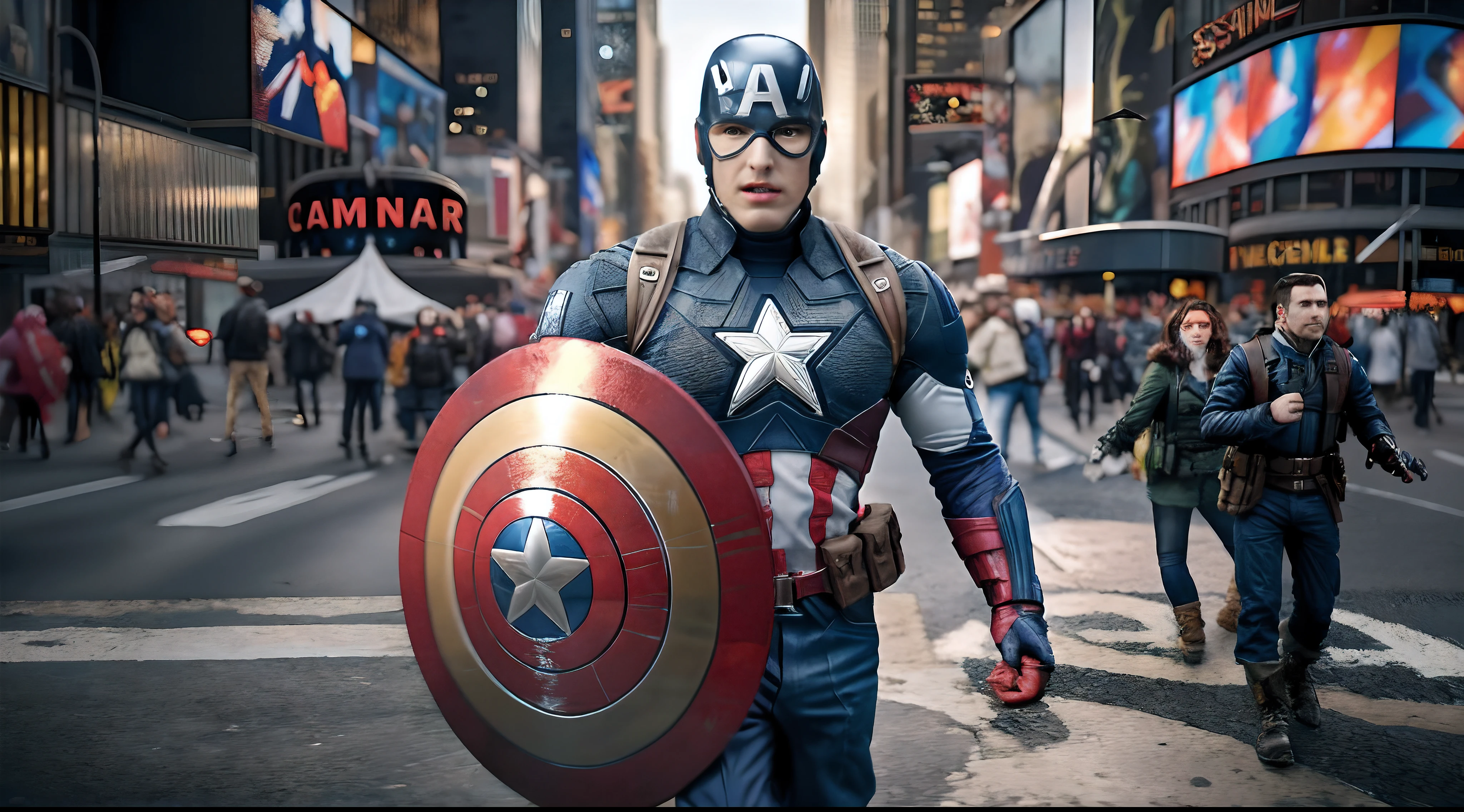 Marvel Cinematic Universe, Captain America Steve Rogers, in Times Square, New York City. Confidently striding through the bustling square, holding his iconic shield, gleaming in the intense futuristic light. Full body shot, facing the camera with determination. Remarkable attention to detail in costume and expression, vividly portrayed in glorious 8K resolution. Shot with a state-of-the-art camera setup and extensive post-processing for a jaw-dropping visual experience. A true masterpiece showcasing Captain America's essence in the heart of the city that never sleeps. Full-body, reflection, many details, a lot of detail.