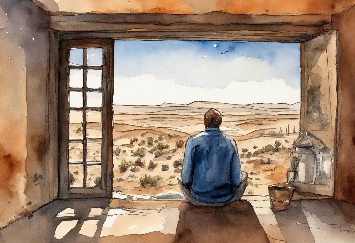 Graphic novel illustration, Long Street telephoto lens in the New York desert, person, Looking out the window, dystopia, apocalyptic