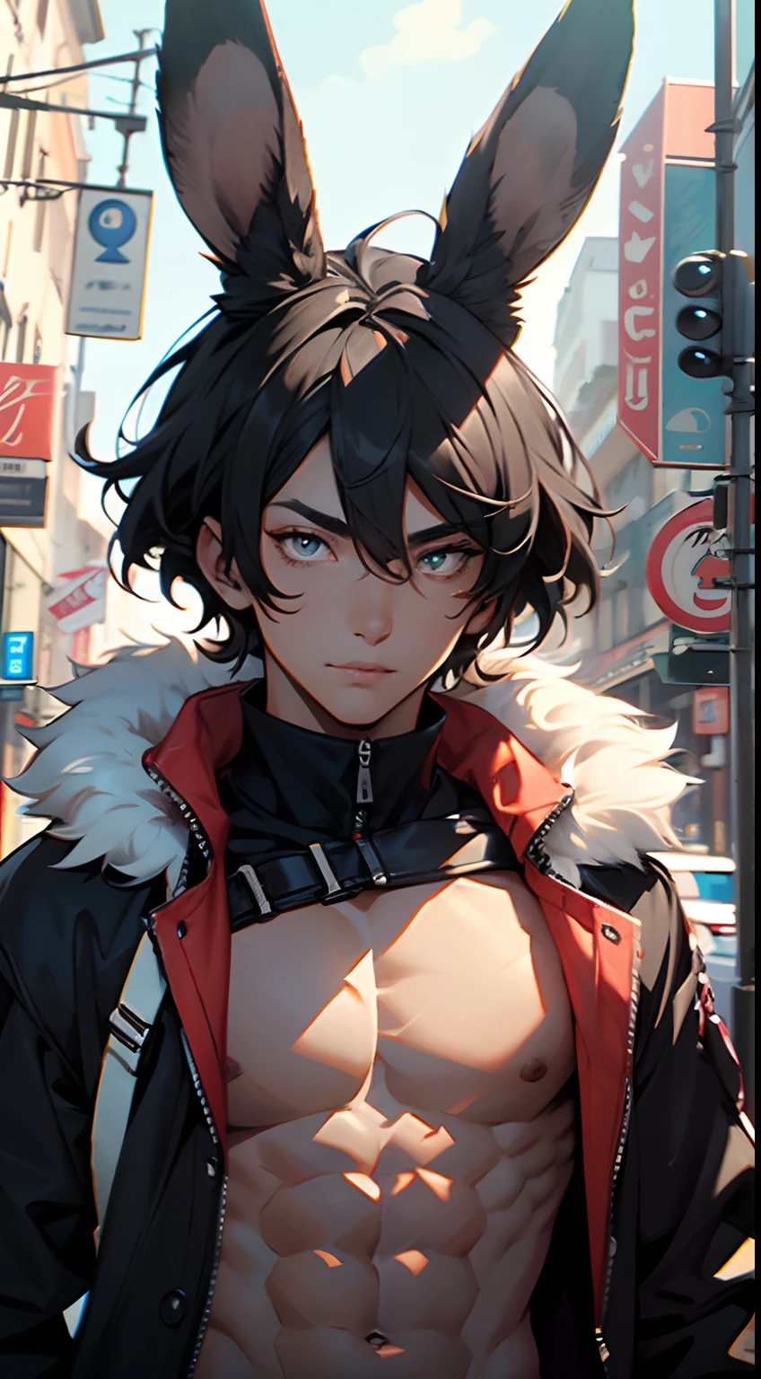 4K, high resolution, Best quality, Masterpiece, perfect colors, perfectly shaded, Perfect lighting, posted on e621, (by Chunie), Furry, anthro, Furry art, ((Portrait)), Male rabbits, Black Rabbit, Rabbit ears，(two-toned fur), hairy bodies, red color eyes, (Seductive look:1.2), fit body, perfect male figure, Wear men's shorts,Abs，musculature,Detailed fur, Detailed face, Perfect face, (The stands up), Detailed background, ((Bonifasko lighting)), tailed, (Detailed eyes), perfect pupils，suntanned skin