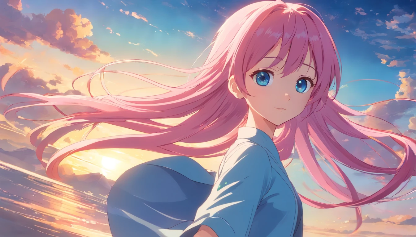 masutepiece, Best Quality,Raks BK, 1girl in, Solo, Long hair, Pink hair, Very long hair, Blue eyes, Hair Ornament, komono, Detached sleeves