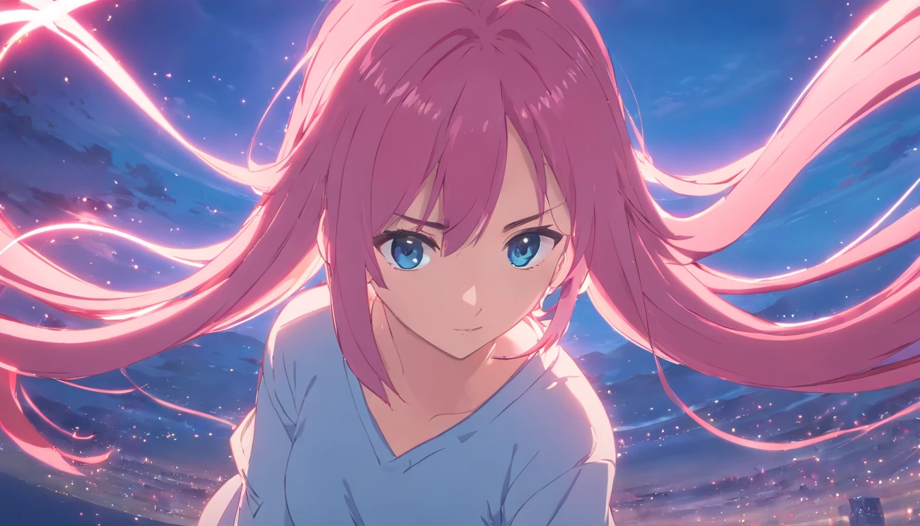 masutepiece, Best Quality,Raks BK, 1girl in, Solo, Long hair, Pink hair, Very long hair, Blue eyes, Hair Ornament, komono, Detached sleeves