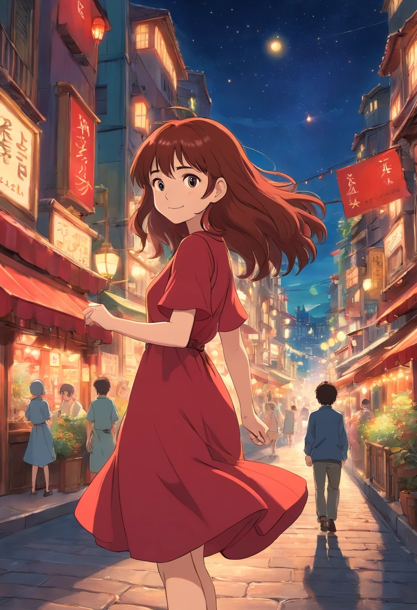 1 girl, red brown hair, long hair, red dress, happy face, city lights,  turning around