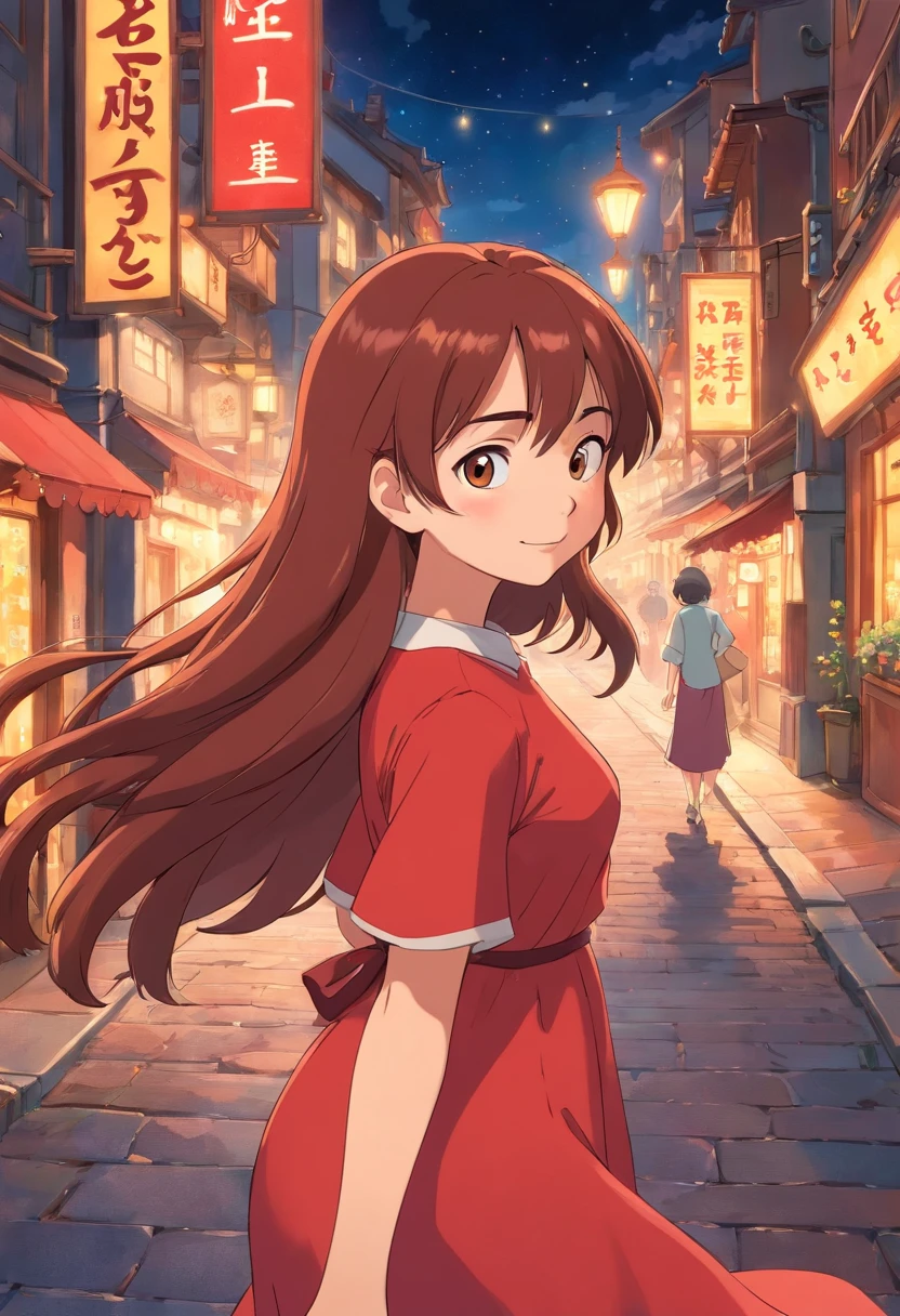 1 girl, red brown hair, long hair, red dress, happy face, city lights, turning around