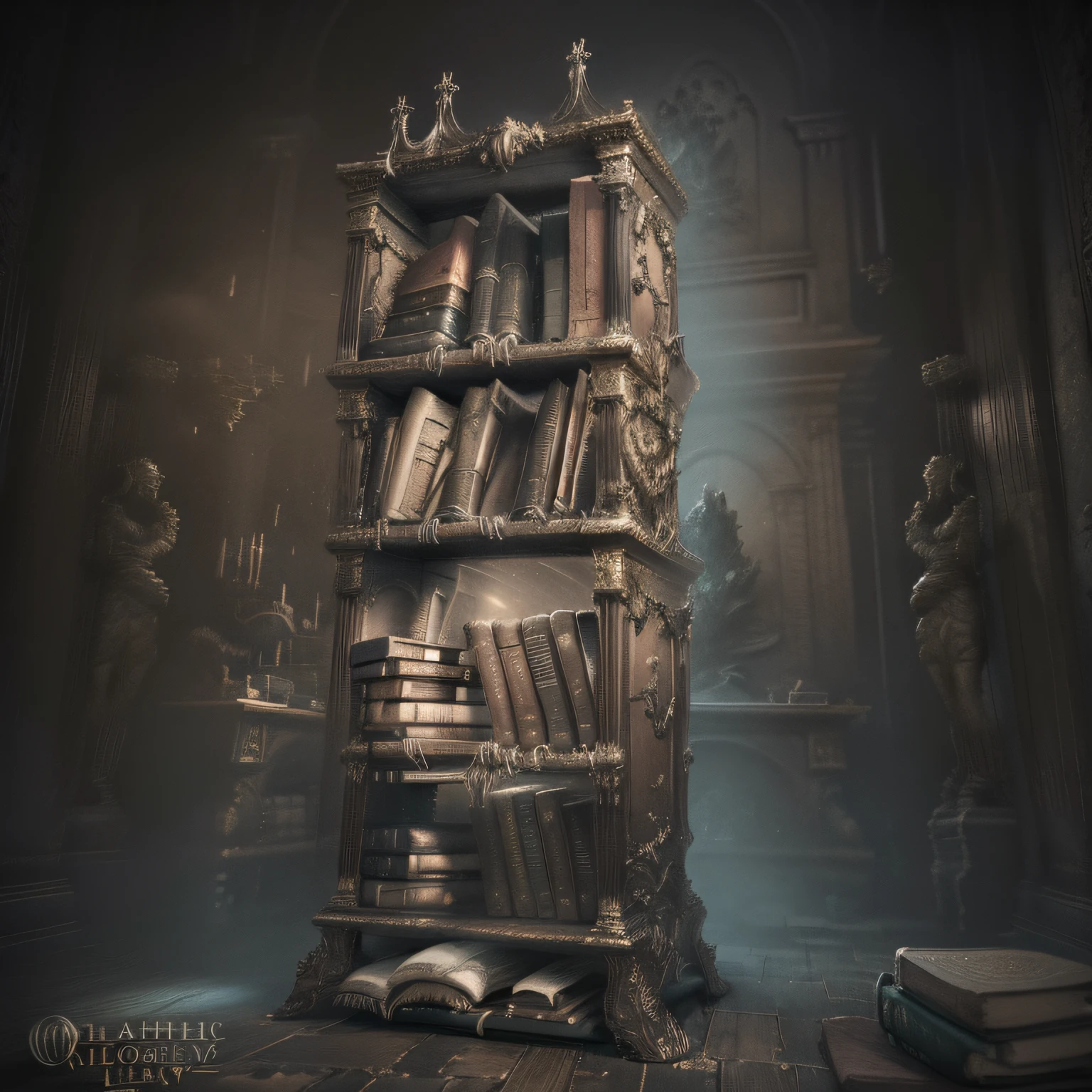 There is a bookcase,There is a bunch of books on it, alchemist library background, Gothic epic library concept, gothic epic library, bookshelf, library of ruina concept art, daily render, substance designer render, rendered in unreal engine 3d, dusty library, Rolands Zilvinskis 3D rendering art, the librarian, ancient library, Book case