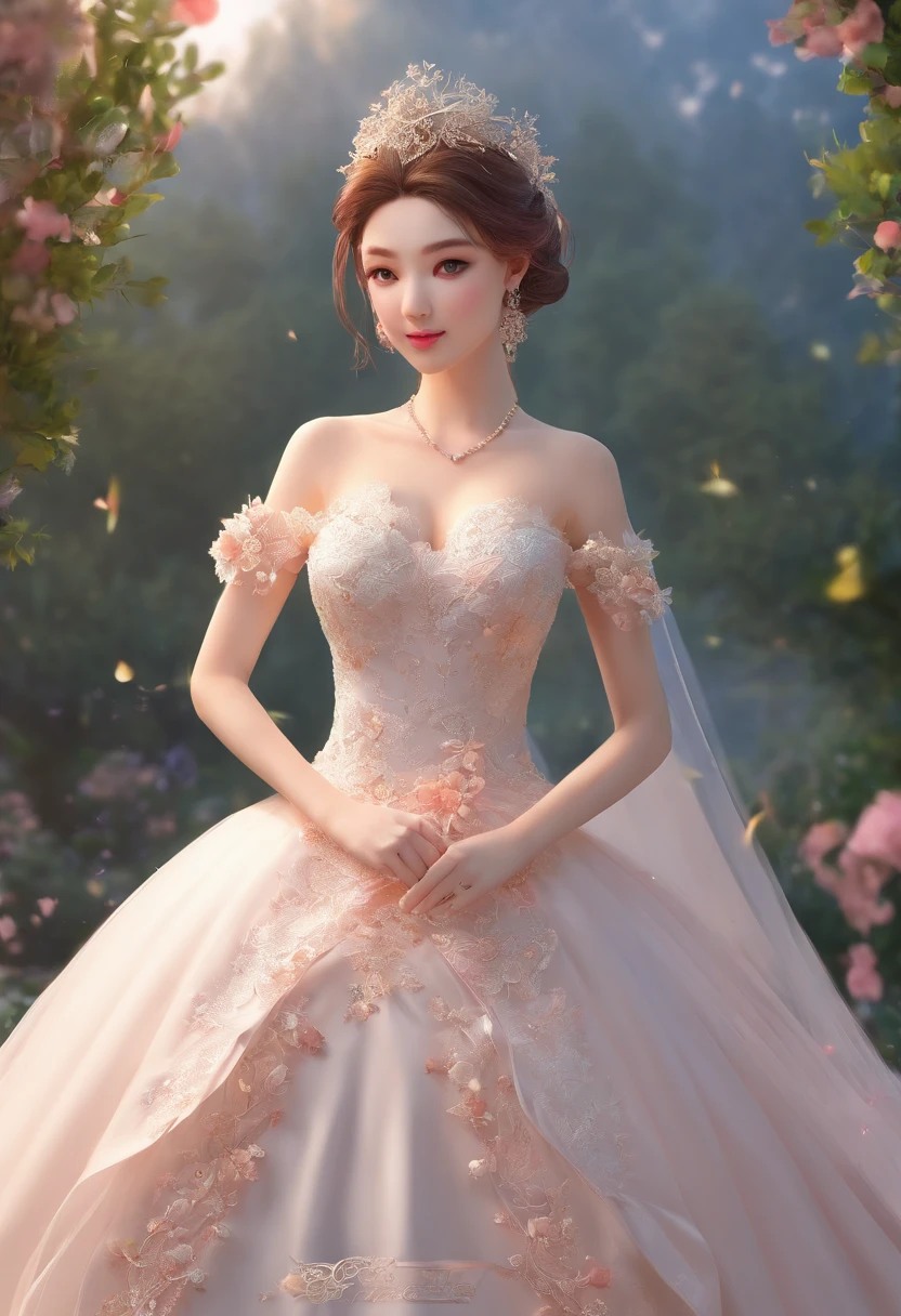 Close-up of a beautiful bride in a bridal dress,Guvitz，Head flower，headdress，Blush，（Bandeau wedding dress：1.5），（Silk dress：1.2）,（Strapless wedding dress：1.5）,Plain white dress，necklace，earring，乳溝，(huge tit:1.3)，Neck ornaments，Deep V peach heart collar wedding dress，Liuhai，Bouquet，(Lace gloves:1.2)，(Bridal veil:1.2）,（Clear short veil：1.2），Bust photo,High detail RAW color art,Tyndall phenomenon，