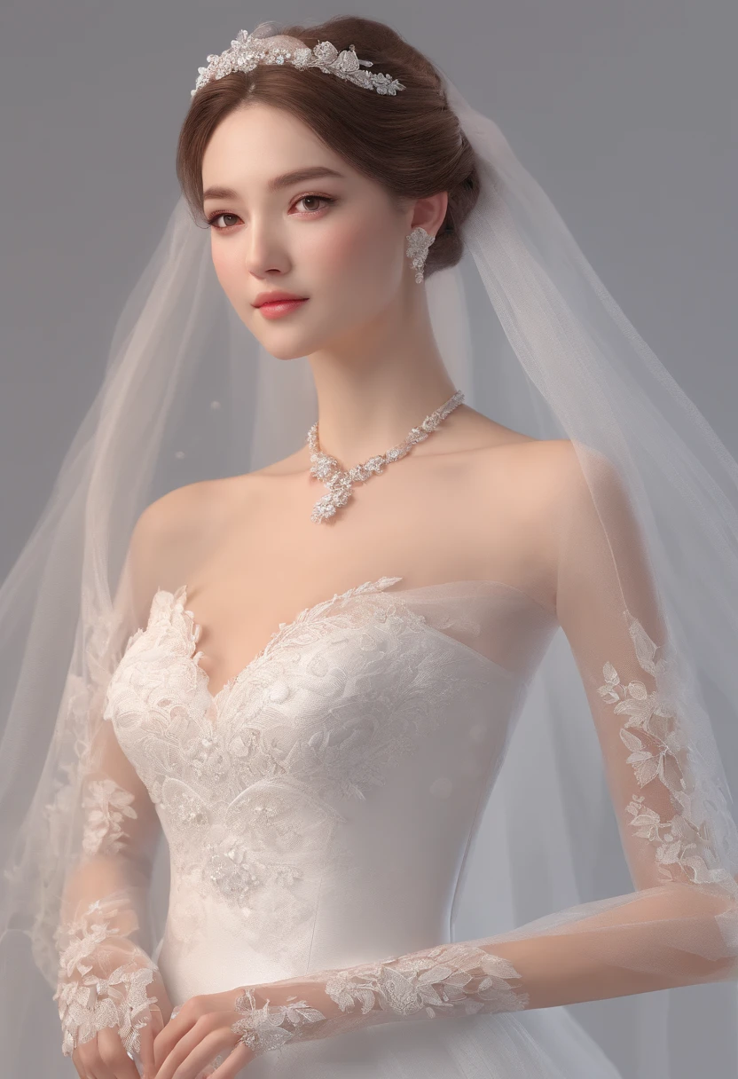 Close-up of a beautiful bride in a bridal dress,Guvitz,Head flower,headdress,Blush,(Bandeau wedding dress:1.5),(Silk dress:1.2),(Strapless wedding dress:1.5),Plain white dress,necklace,earring,乳溝,(huge tit:1.3),Neck ornaments,Deep V peach heart collar wedding dress,Liuhai,Bouquet,(Lace gloves:1.2),(Bridal veil:1.2),(Clear short veil:1.2),Bust photo,High detail RAW color art,Tyndall phenomenon,