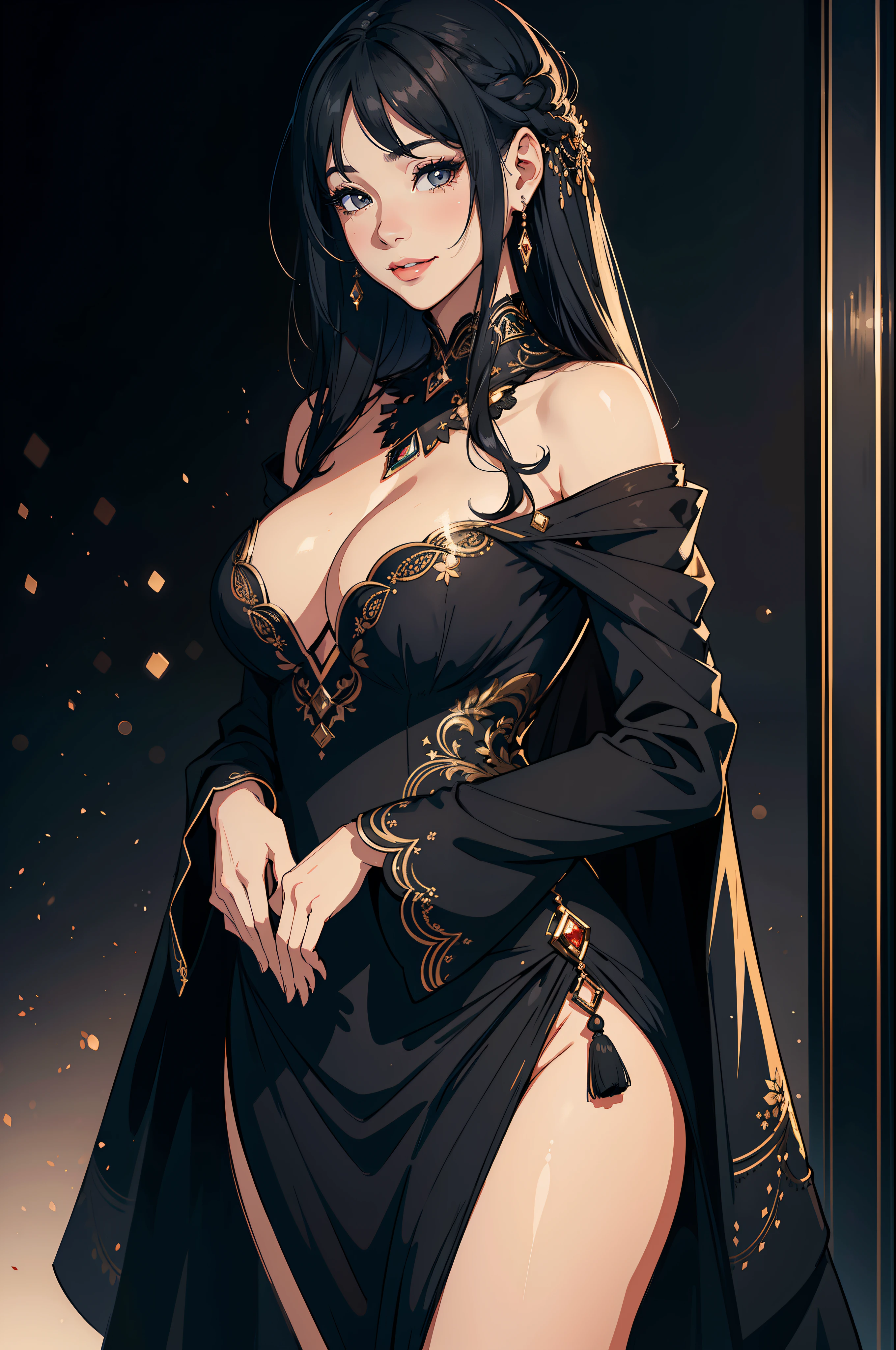 (Ultra realistic, super detailed, 8k), A beautiful, serene woman, black hair, black eyes, looking at viewer, smiling gracefully, covered gown, a touch of warmth, (2d illustration:1.2), bokeh effect, depth of field, ((sfw)), anatomically correct