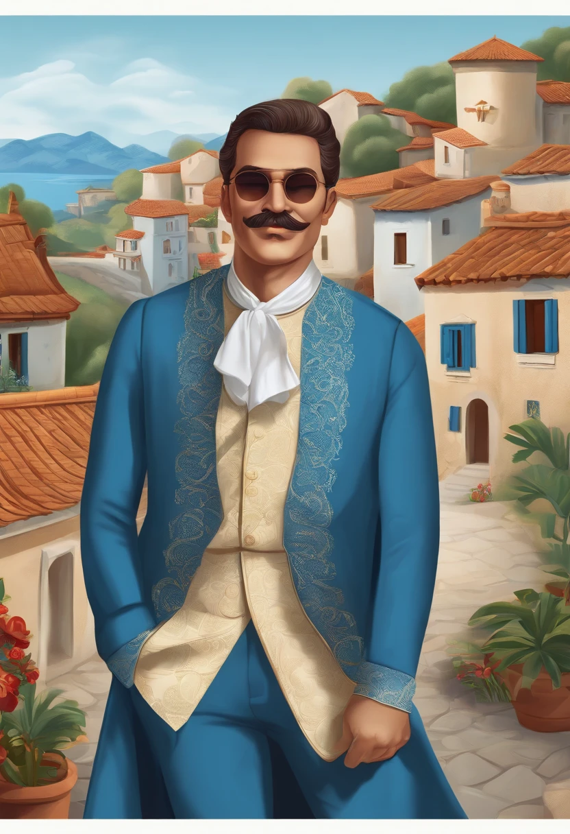 Cartoon illustration of a man in a blue village shirt,Art from Madame Butterfly,Beauty style,Blend patterns,Text and emoji devices,closeup cleavage,charming character illustration,folkloric