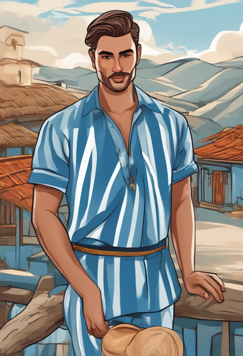 Cartoon illustration of a man in a blue village shirt,Art from Madame Butterfly,Beauty style,Blend patterns,Text and emoji devices,closeup cleavage,charming character illustration,folkloric