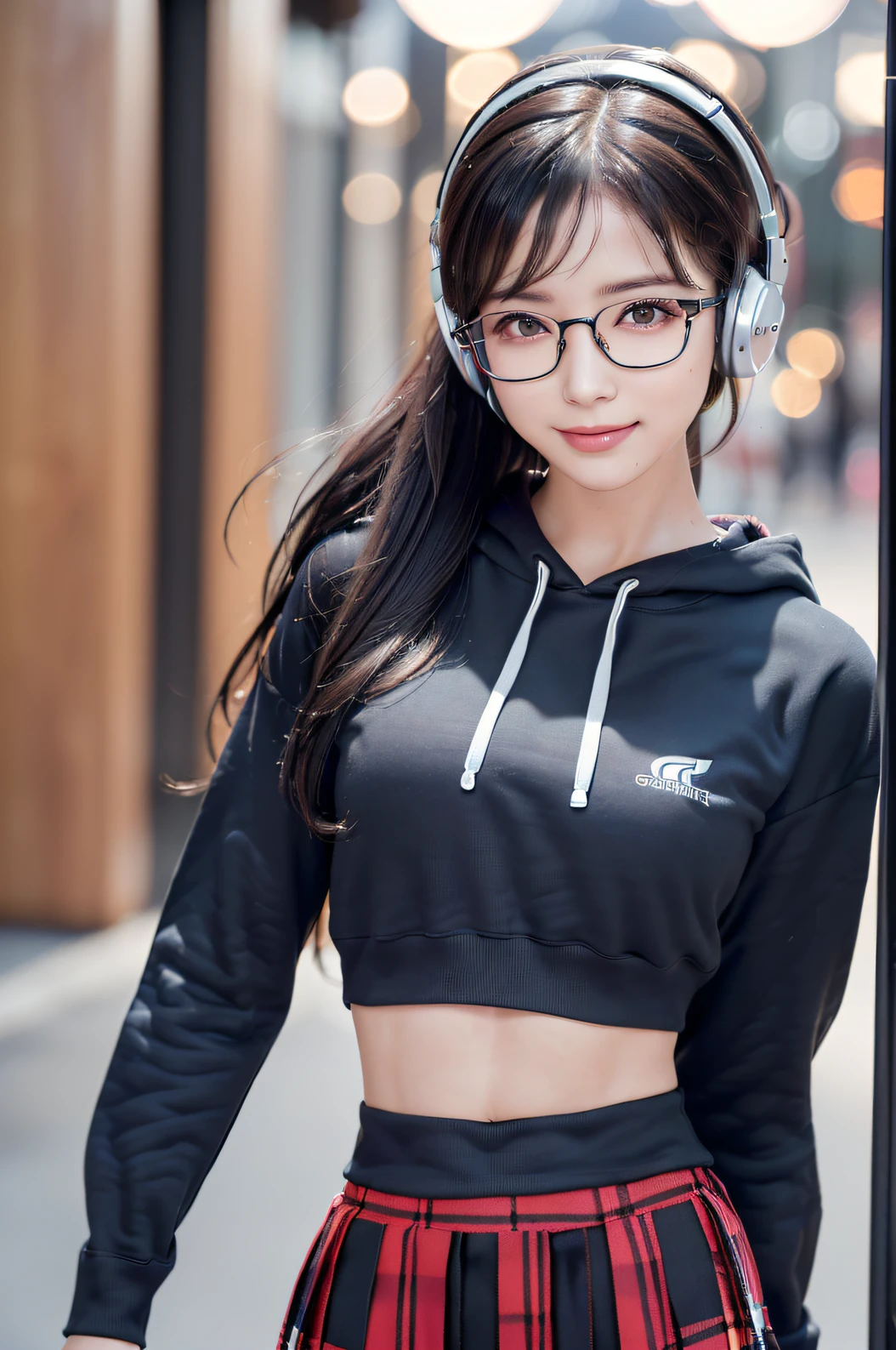 A extremely Cute and Beautiful Pictures of Japan glasses Woman, (22 years old: 1.1), ((cowboy shot:1.3)), ((soft bar lighting: 1.3), (Backlight: 1.3), Full Body Lighting, (face soft lighting), Look Straight, Cinematic Angle, Graceful standing, (arms behind back:1.3), (((night situation:1.5))), (walking and singing at night park:1.3), (attractive:1.3), (wearing a headphone:1.5), Blake, punk look:1.3, (black crop-top hoodie:1.3, plaid-pattern box-pleats-skirt:1.3), knee-high-over-boots:1.3, glasses, BREAK, (dark brown eyes, beautiful eyes, princess eyes), (shiny-black hair:1.3, Hepburn style chignon hair:1.3, bangs, hair between eyes, medium-length hair), (slender, abs), (medium breasts:0.95), (thin waist:1.25), solo, (parted lips, pink glossy lips), (beautiful clean skin), (seductive princess smile: 1.25, closed mouth:1.2), (4fingers and thumb:1.3, perfect human hands. detailed human hands), BREAK, (Realistic, Photorealistic: 1.37), (Masterpiece, Best Quality: 1.2), (Ultra High Definition: 1.2), (RAW Photo: 1.2), (Sharp Focus: 1.3), (Face Focus: 1.2), (Ultra Detailed CG Unified 8k Wallpaper: 1.2), (Beautiful Skin: 1.2), (Pale Skin: 1.3), (Hyper Sharp Focus: 1.5), (Super Sharp Focus: 1.5), (Beautiful Face: 1.3), (Ultra Detailed Background, Detailed Background: 1.3), (perfect female body), ((frame the head:1.3)), perfect anatomy, perfect proportions, 8.5 life-size, face focus, ultra-realistic photos, ultra-clear images, ultra-detailed images,