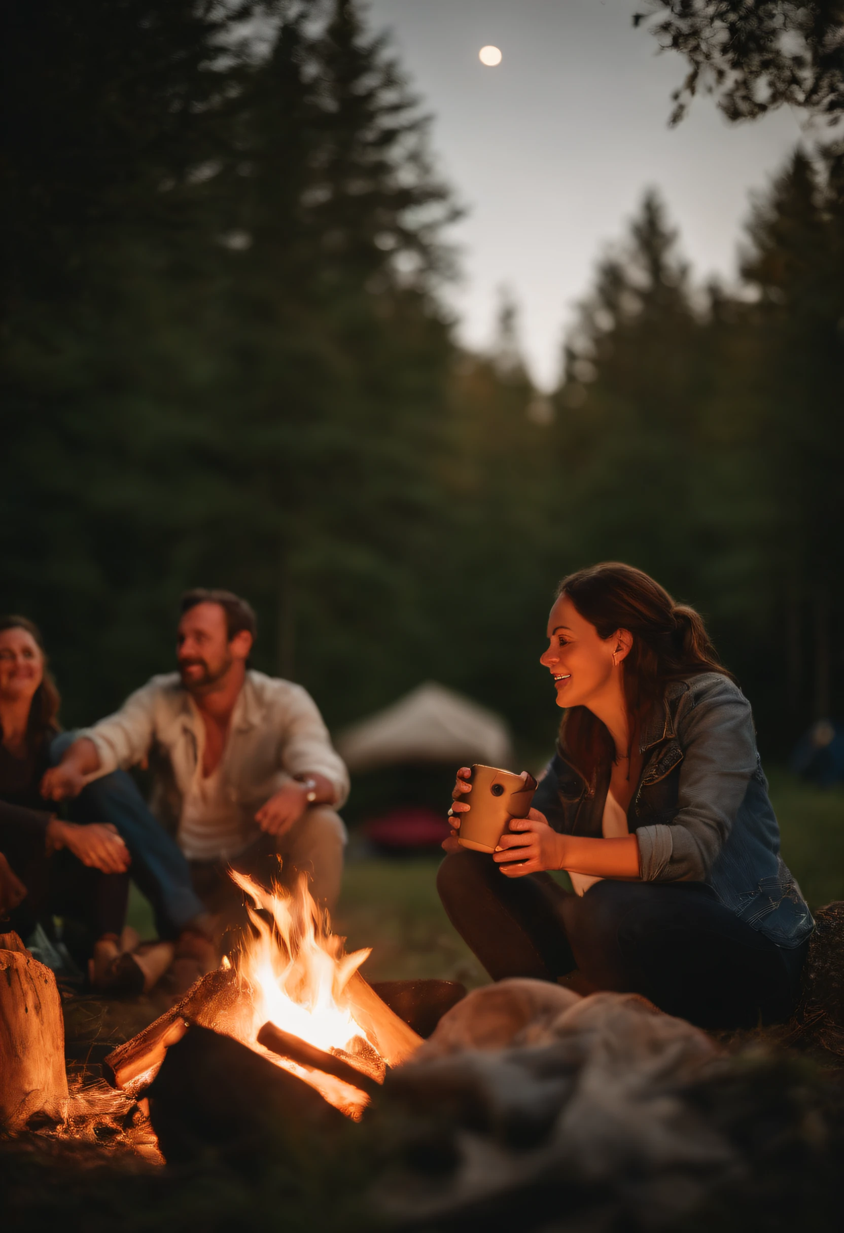 family camping, bonfire, picnic, Time of Day: evening, Camera: DSLR, Lens: wide angle