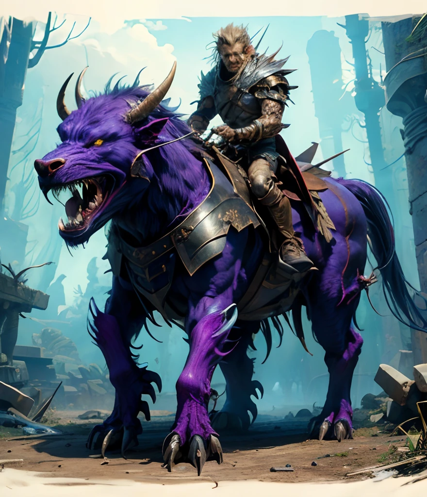 (best quality,4k,8k,highres,masterpiece:1.2),ultra-detailed,(realistic,photorealistic,photo-realistic:1.37),goblin king armor,human hybrid,battle scars,killers eyes,riding a giant beast,holding a broadsword,epic landscape,dark and atmospheric,ominous lighting,metallic textures,overgrown ruins,ferocious creature,shattered mountains,swirling storm clouds dramatic sky,sword glinting in the sunlight,sculpted muscles glistening with sweat,majestic horns on the beast,thunderous footsteps,otherworldly powers surging through their veins,radiant energy surrounding them