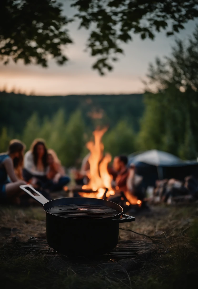 family camping, bonfire, barbecue, Time of Day: evening, Camera: DSLR, Lens: wide angle