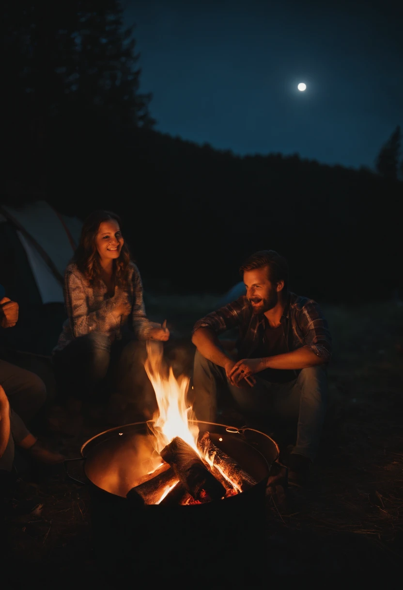 family camping, bonfire, barbecue, Time of Day: evening, Camera: DSLR, Lens: wide angle