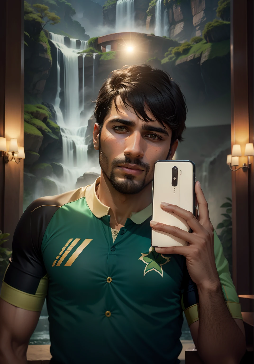 Waterfall background, beautiful hotel, pakistan cricket kit, 8k ultra