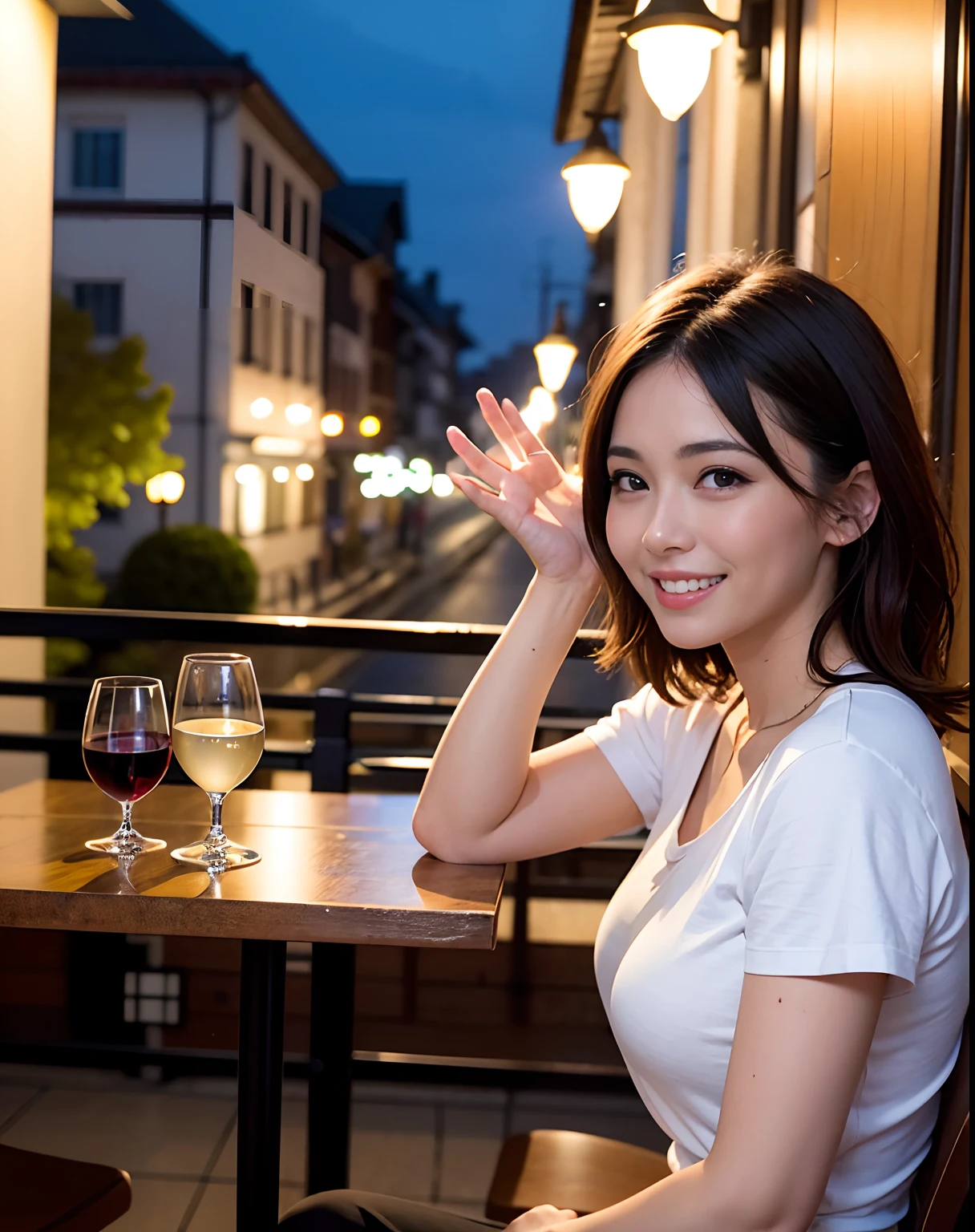 (64K, UHD, top quality, masterpiece: 1.2), (realistic, photorealistic: 1.37), super detailed, pretty woman 1 person, (slim face), (slim body), (brown hair), (short cut), cheeks slightly blushing, (44 years old), 38 years old, solo, beautiful detailed urban night view outside the window, restaurant, wine glasses sit, at night, in a prominent placeNovaFrogStyle, Actress, Model, Waist Up, White Wine, Slim, Wine Glass, Super Clean Night View, Wine Glass Put in the Middle, Happy Smile, (Smile: 1.15), Beautiful Fine Eyes, Upper Body, Bust Japan Up, Night, Short, Short, Actress, Model, Waist Up, White Wine, Slim, Wine Glass, Super Clean Night View, Wine Glass Put in the Middle, Happy Smile,