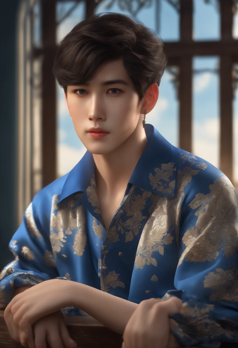 (best quality,4k,8k,highres,masterpiece:1.2),ultra-detailed,(realistic,photorealistic,photo-realistic:1.37),boy wearing a blue village shirt,illustration from Madame Butterfly,beautiful style,mixed patterns,text and emoji installations,close-up,alluring character illustration,folklore,anime