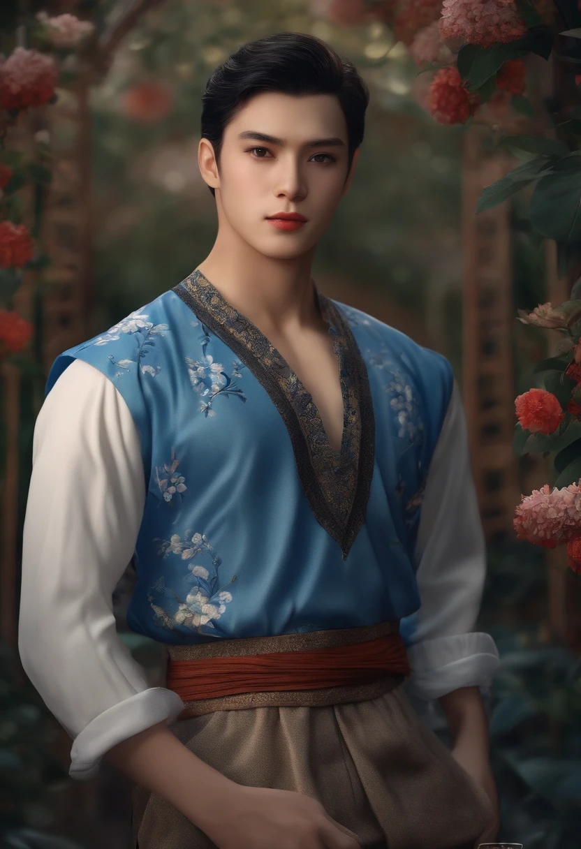 (best quality,4k,8k,highres,masterpiece:1.2),ultra-detailed,(realistic,photorealistic,photo-realistic:1.37),boy wearing a blue village shirt,illustration from Madame Butterfly,beautiful style,mixed patterns,text and emoji installations,close-up,alluring character illustration,folklore,anime