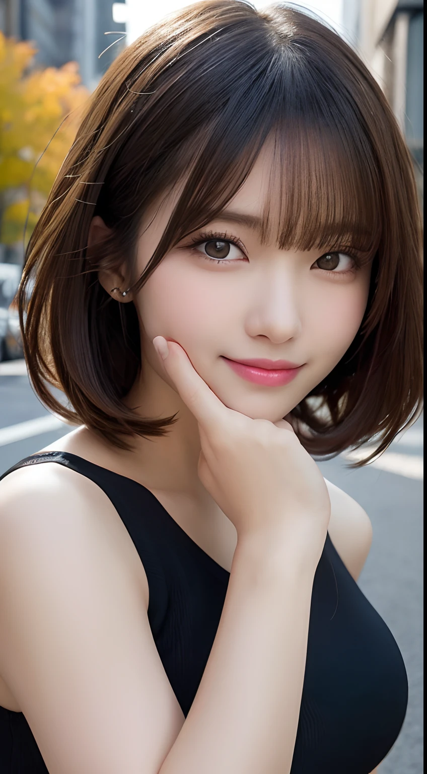 ((Beautiful and shiny、Neat straight bob hair))、plein air, 独奏,top-quality、hyper HD、By bangs　(Beautiful fece:1.3) ((Obsceneness:1.3))、((24 year old)) White shirt　decolletage　Chest emphasis　Natural color lips　(A sexy)  Sense of cleanliness　pure　Half-open lips　((A sexy)) ((frontage))