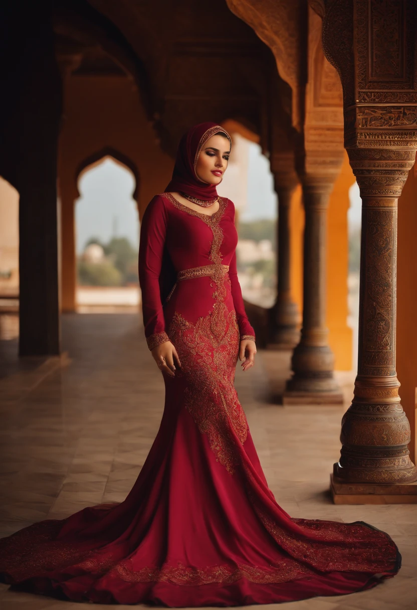 An malay woman in glamorous mermaid gown with long ballon sleeve, wear jewellery, wear modern satin hijab, entirety of fabric over botom dress about 7 meters in length trailing dramatically, glamours style, overlong dress train, extreme detail on the texture of the fabric, wear high heels, sexy pose outdoor, beautifull bright lighting, ultra realistic, high-resolution photography.