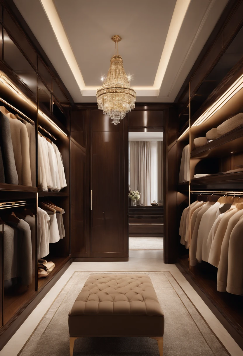 Walk-in closet view with bench and mirror,The color of the wardrobe cabinet is brown, Wardrobe with glass door, elegant wardrobe, elegant futuristic wardrobe, luxury item showcase, luxurious environment, luxury hd render, gold and luxury materials, luxury fashion, Luxury materials, elegant and refined, Neat and tidy, luxury brand, Modern style, Luxurious, LuxuryLifestyle, inspo, true realistic image, neo - classical, neo-classical