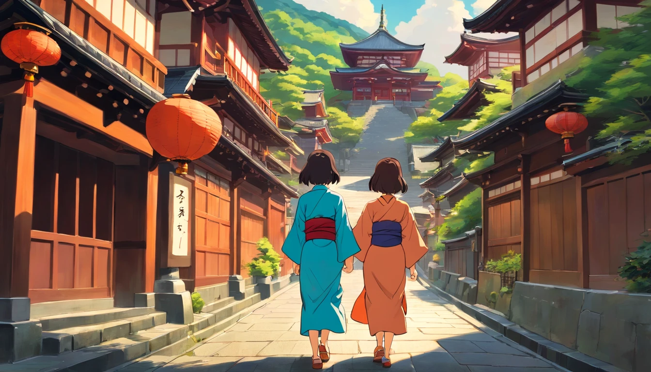 surroundings of the KIYOMIZUDERA temple in Kyoto-Japan, girls wearing kimono walking through the streets