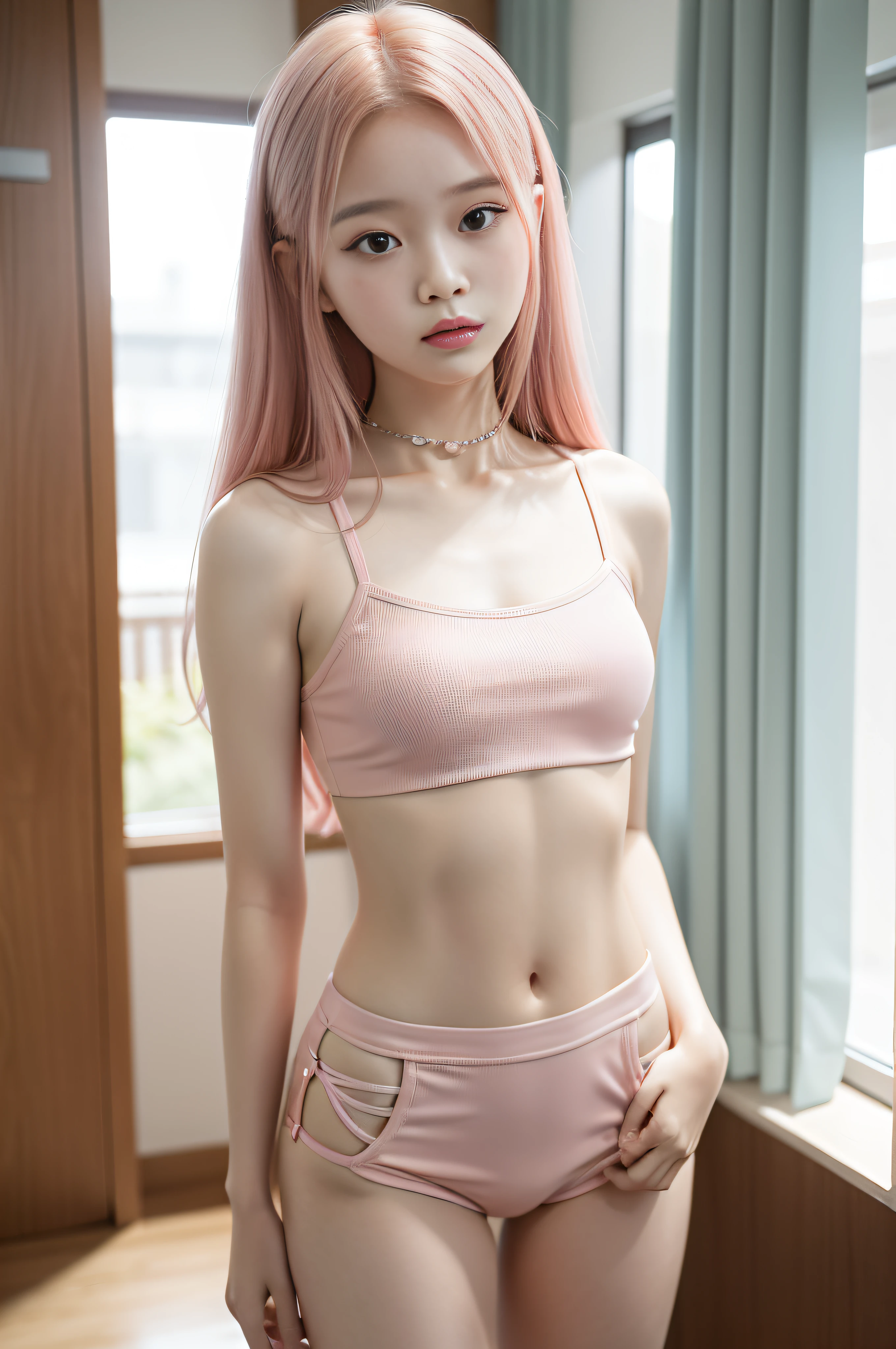 full body, kim chaewon in a bikini, , 15 yean petite young girl in a fantasy city, fantasy city, petite girl, small breast, petite figure, long pink hair, tight crop top shirt that expose midriff, tight white shorts, midriff exposed, small tits, ((thin-waist)), a small face