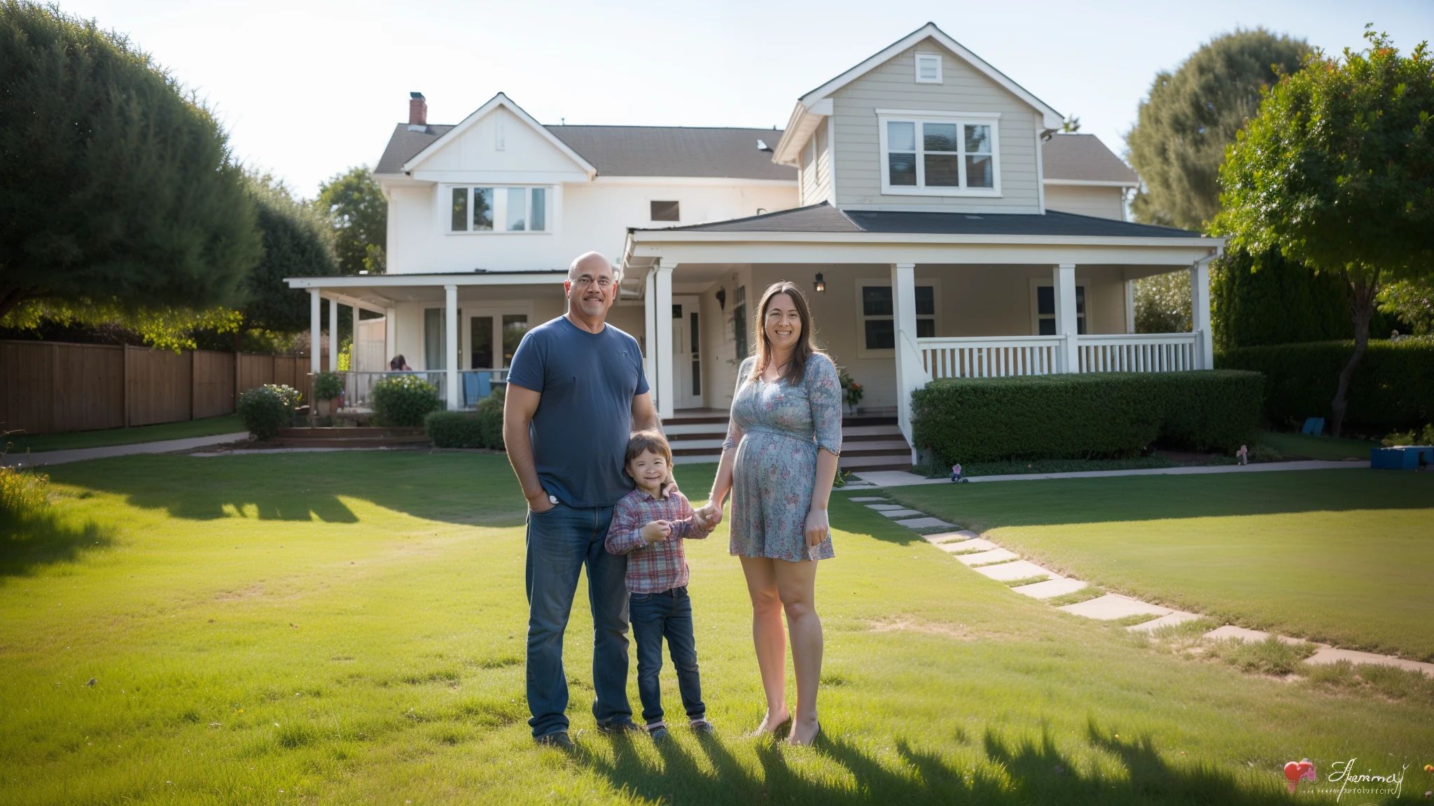 realistic photo of a ((happy family with a father, mother and their children)) their house in the background, Canon EOS R6, HDR camera, ((focus sharp)), masterpiece, ((high quality)), RAW, one shot, high resolution, (ultra realistic:1.2), , UHD, ccurate, ((anatomically correct:1.2)), textured skin, super detailed, high quality, award winning, 16k