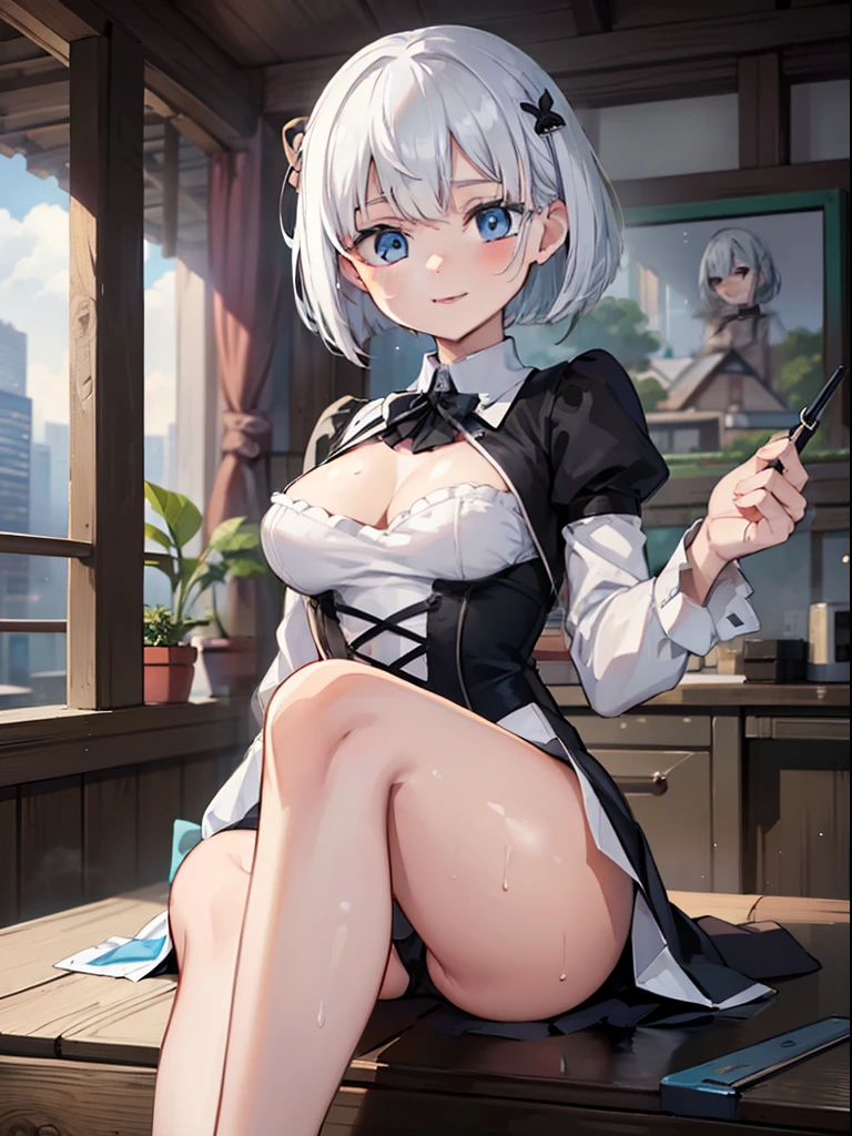 (masterpiece:1.5)、very detailed face and eyes、(Photorealsitic:1.2)、 (FULL BODYSHOT:0.5)、ultra-quality、ultra-detailliert、Perfect drawing、animesque、charming anime girls、独奏、1girl in、Beautuful Women、(((siesta)))、(((Detective is no longer、dead)))、cowboy shot、(Since a while ago:1.2)、((middlebreasts:2.0))、Smiling smile、bright light blue eyes、Moisturized eyes、clearface、((Sweat))、slender、(((white hair)))、(bobhair)、((short-hair))、(((Crossed black hairpin)))、Look at viewers、perfect foot、校服、Urban cityscape、Luminias、Poses to show off、Accurate drawing、meticulous drawing、Beautiful background、motion-blur、to close range