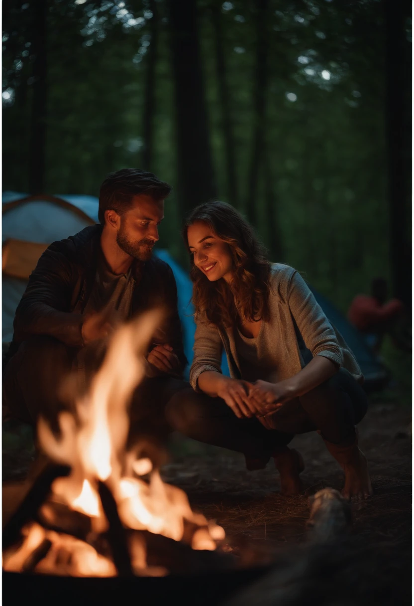 couple camping, bonfire, barbecue, Time of Day: night, Camera: DSLR, Lens: wide angle