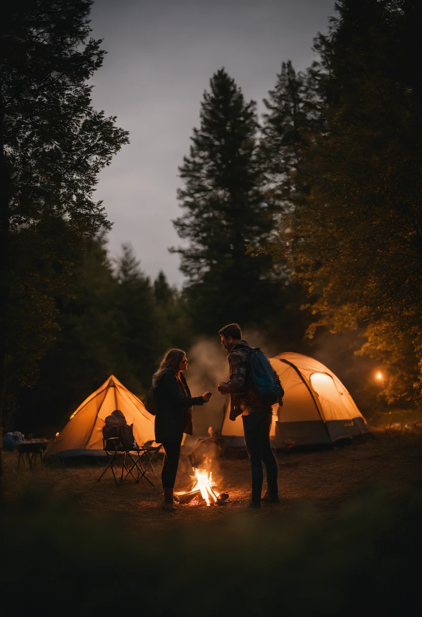 couple camping, bonfire, barbecue, Time of Day: night, Camera: DSLR, Lens: wide angle