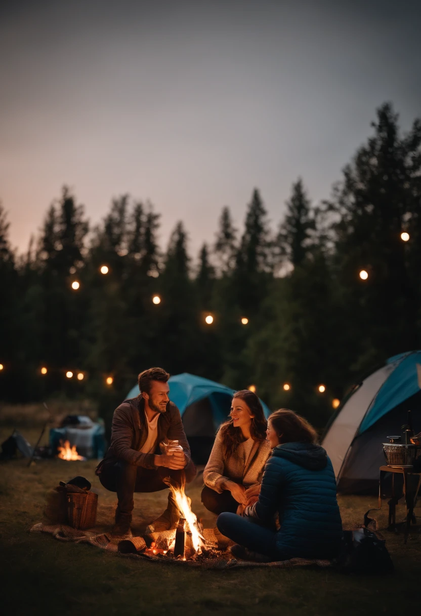 couple camping, bonfire, barbecue, Time of Day: night, Camera: DSLR, Lens: wide angle