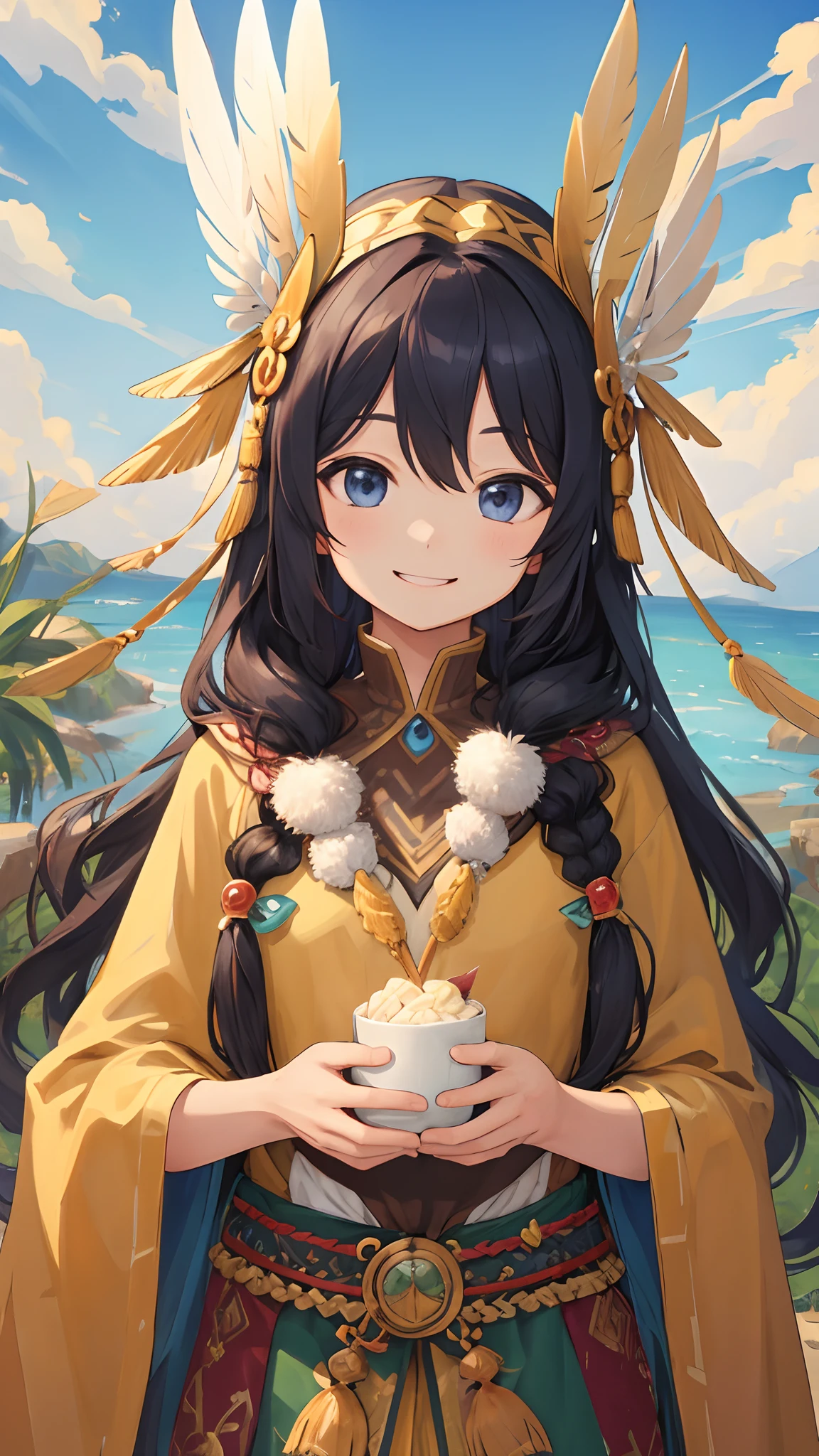 (masterpiece,best quality), looking at viewer,
long hair, (wavy hair:0.8),
upper body,
happy smile,
feather headgear,
