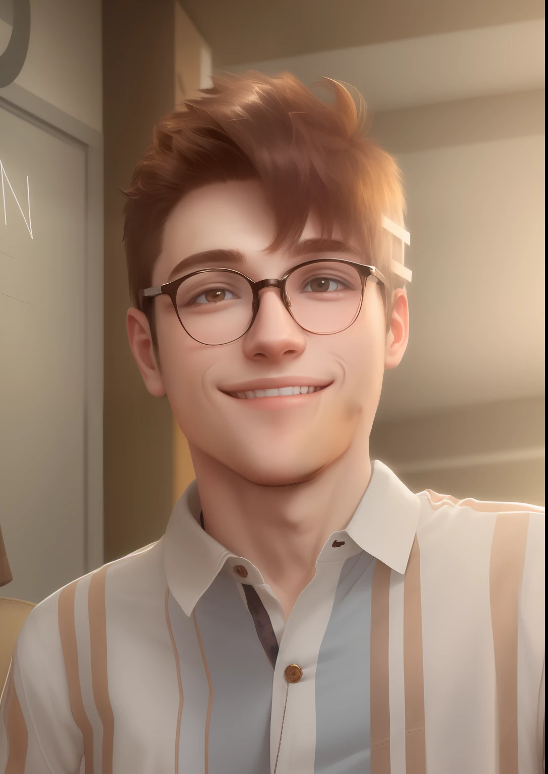 A young guy who is about 180cm tall, with a glasses, with a smile, innocent look, with casual clothes realistic 4k
