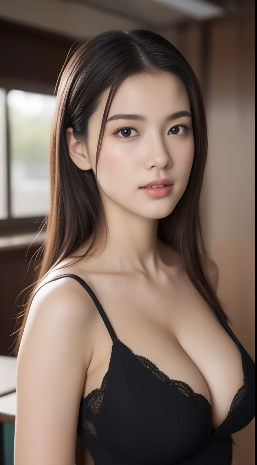 （（best qualtiy，8K，tmasterpiece：1.3）），Clear focus：1.2，one pretty woman，perfect body figure：1.4，Slender abs：1.2，（dark brown  hair，：1.2）），（比基尼：1.1），School Classroom：1.2，Highly Detailed Face and Skin Textur，fully body photo：1.4，Detailed eyes，二重まぶた，gigantic cleavage breasts(Rounded breasts，Thoroughly exposed)，high-heels。