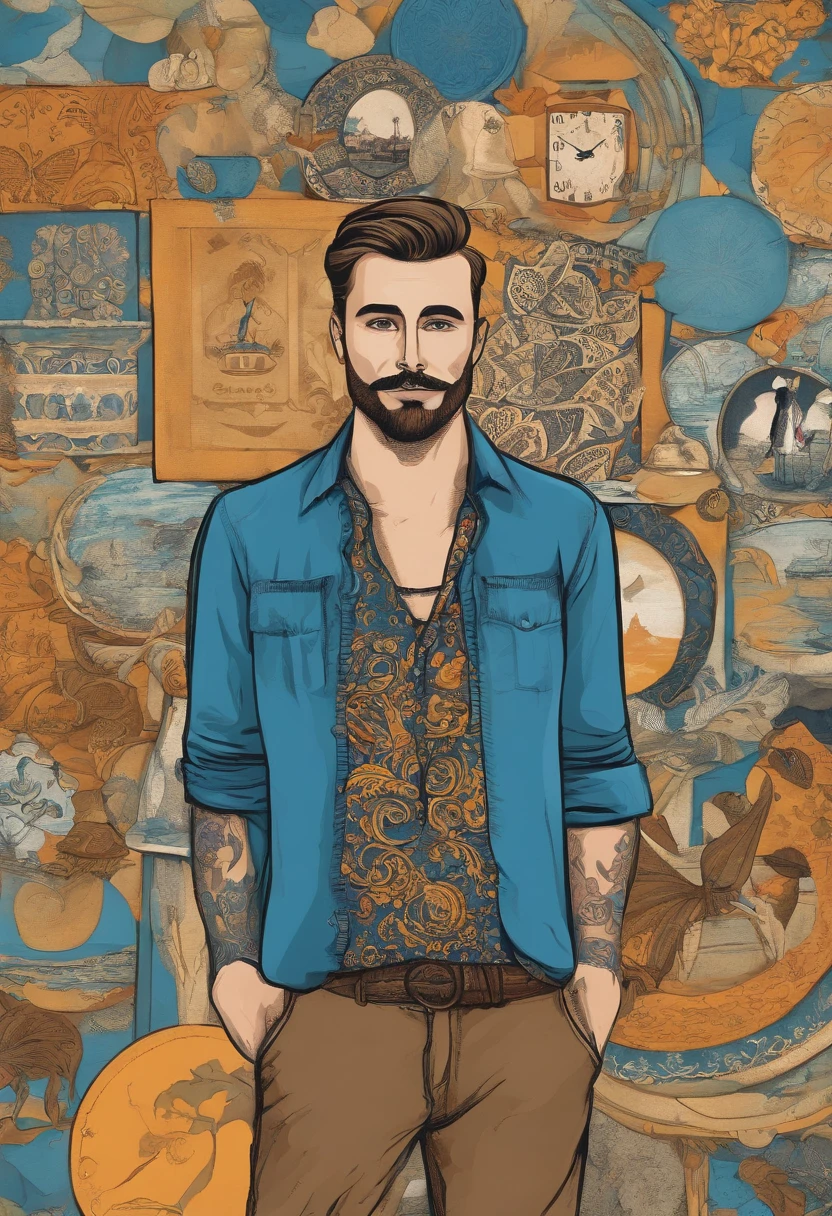 a cartoon illustration of a man in a blue shirt over art by mrs butterfly, in the style of grunge beauty, mixed patterns, text and emoji installations, closeup, charming character illustrations, folkloric