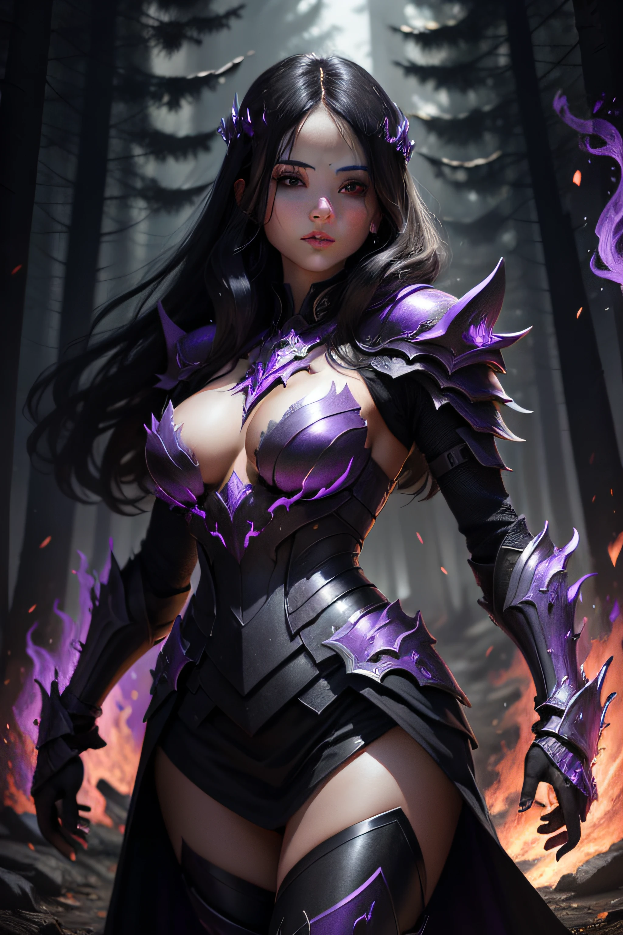 woman in epic black armor, purple fire effects, background dark evil forest