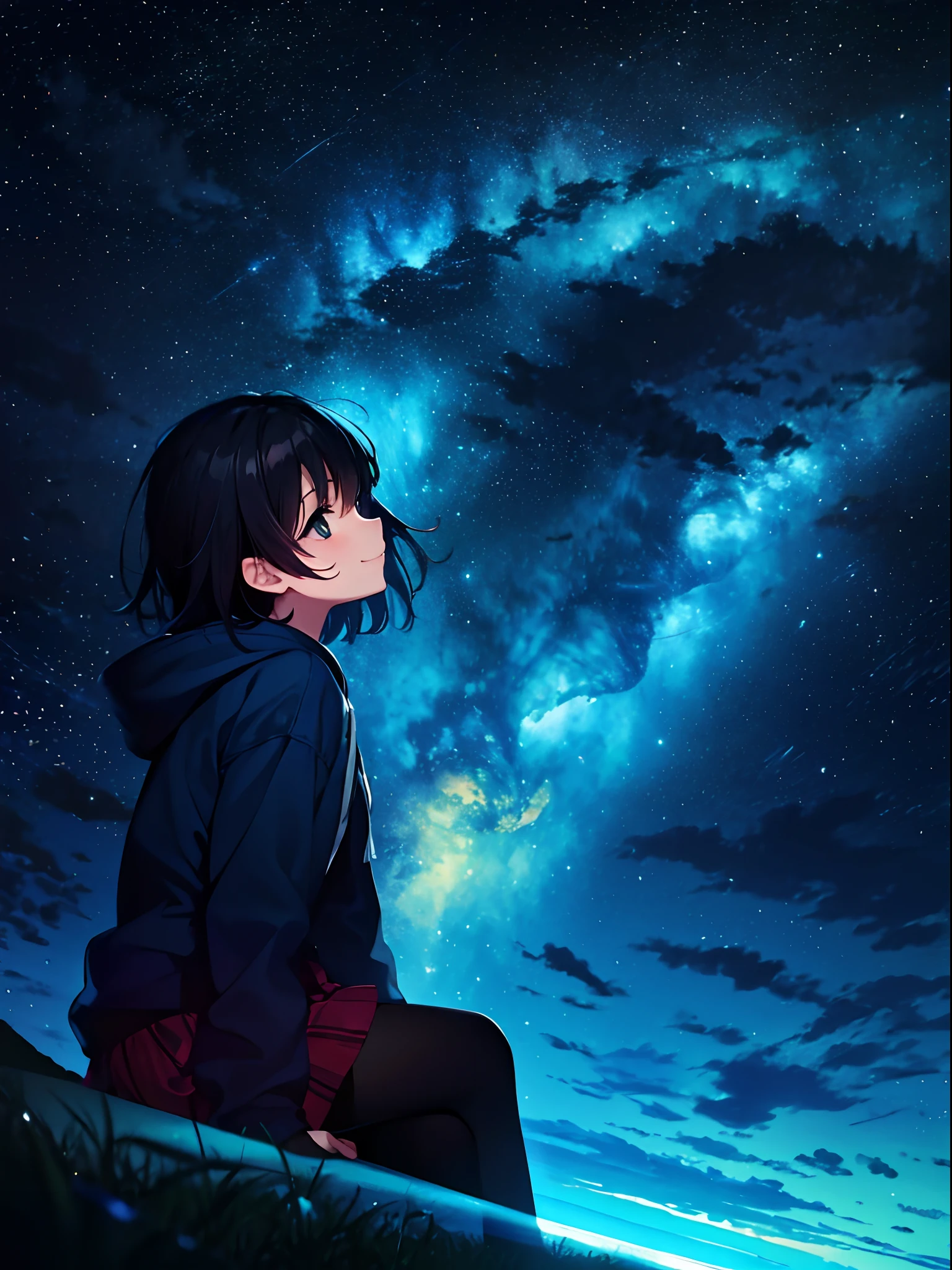 girl, cloud, Colorful, Cool, masutepiece, sit, From Side, (Sideways), Smile, starrysky, Stars