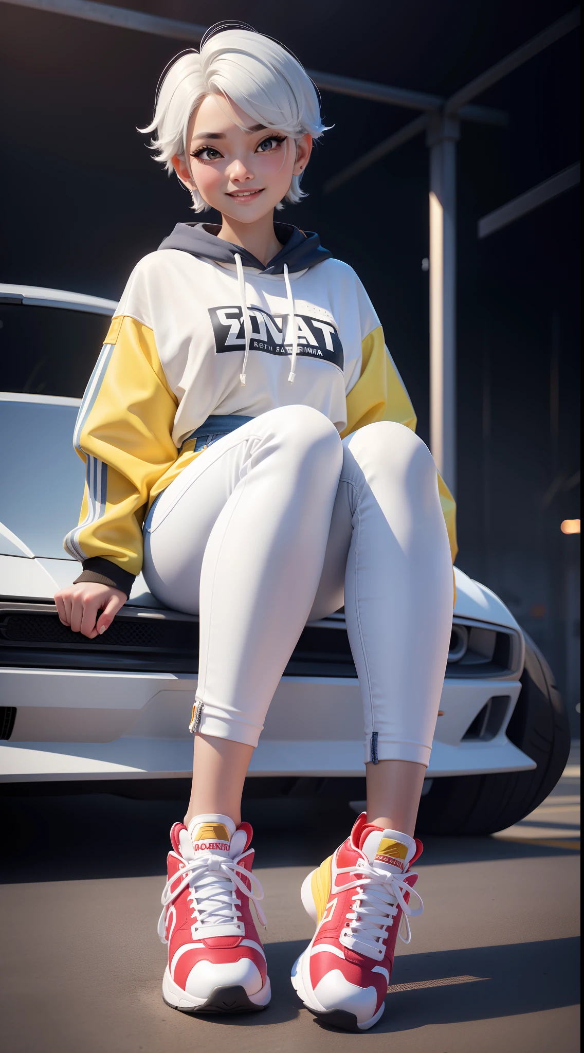 hoang lap,A high resolution,ultra - detailed,offcial art,Unity8k wallpapers,ultra - detailed,Beauty and aesthetics,tmasterpiece,best qualtiy,with short white hair,Dark skin,Cute handsome smiling girl,wearing a denim pants,sports arena,sat on the ground((Huge sneakers close to the camera)),(The sneakers are decorated in white、Intricate design in red and yellow)