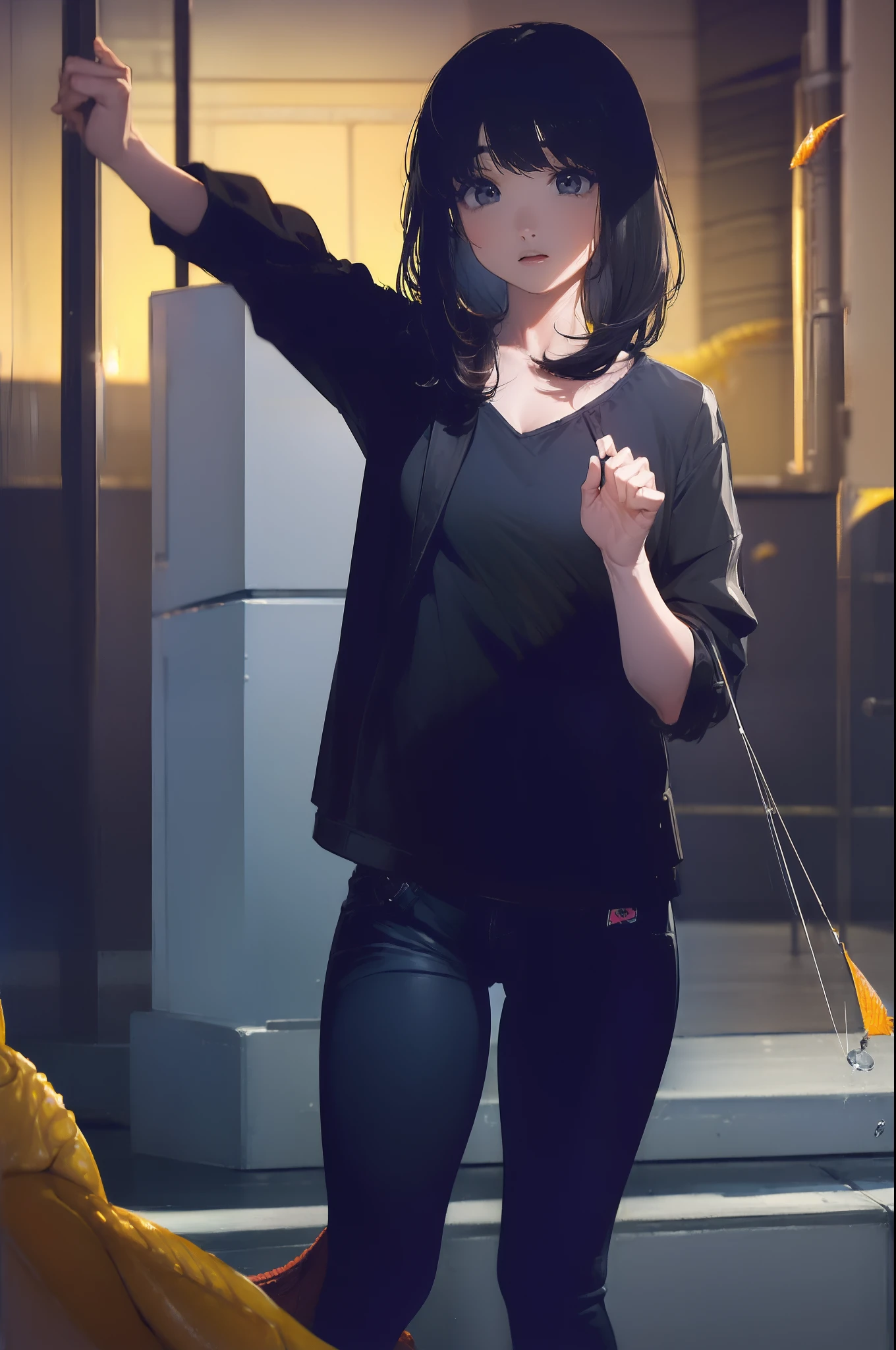 ((((catching a big fish by the lakeside:1.5)))),((Female 28 years old)),((Best Quality:1.5)),(((Hands with the correct number and structure of fingers:1.4))),((Big fish:1.37)),hight resolution,ultra-detailliert,masterpiece,best qualtiy,(Eight-headed body),Black hair, long eyes-lashes, Solid Circle Eyes, drop shadow, Atmospheric perspective,Super Detail, ccurate, small brest,(Black jacket and black jeans :1.1),top-quality, blurry backround, bokeh dof:1.2, (masterpiece:1.3), Atmospheric perspective,Super Detail,dynamic compositions,