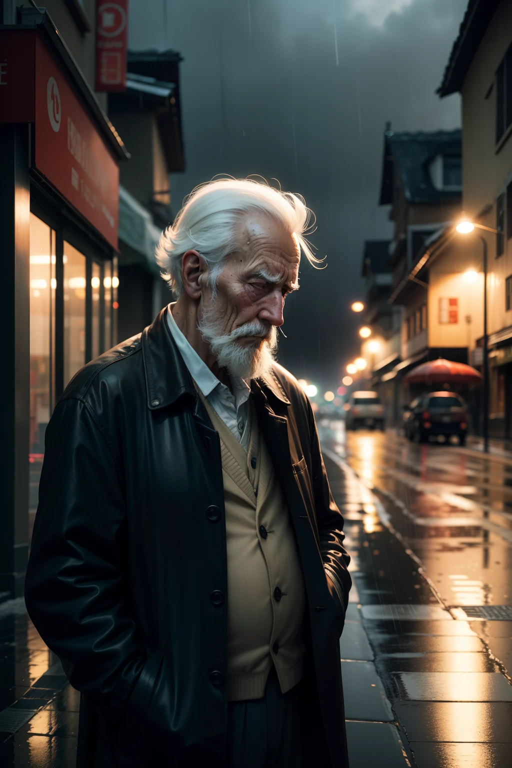 A photograph, taken with a 35mm lens, an old sad and lonely man on a rainy street, emotions