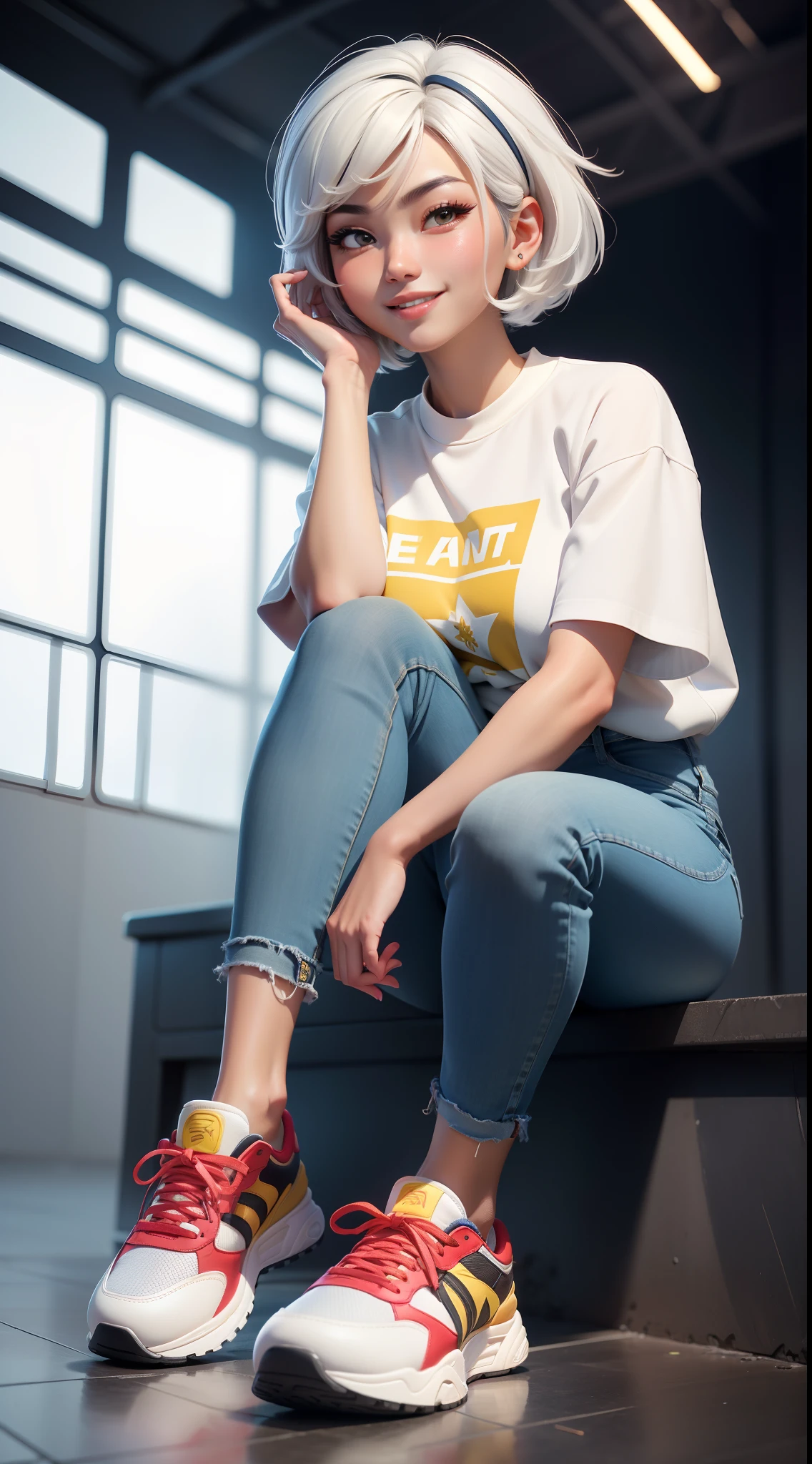hoang lap,A high resolution,ultra - detailed,offcial art,Unity8k wallpapers,ultra - detailed,Beauty and aesthetics,tmasterpiece,best qualtiy,with short white hair,Dark skin,Cute handsome smiling girl,wearing a denim pants,sports arena,sat on the ground((Huge sneakers close to the camera)),(The sneakers are decorated in white、Intricate design in red and yellow)