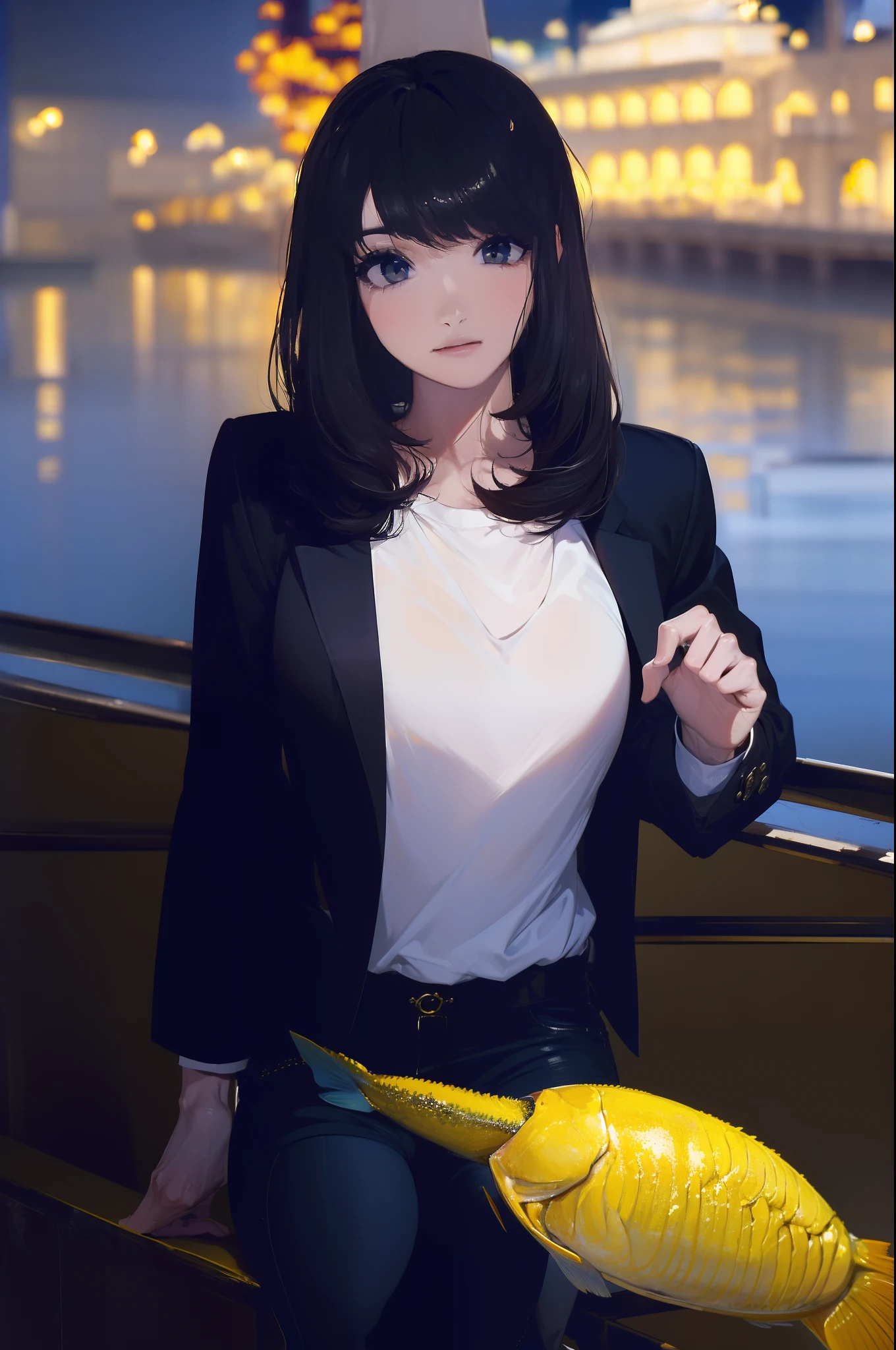 ((((catching a big fish by the lakeside:1.5)))),((Female 28 years old)),((Best Quality:1.5)),(((Hands with the correct number and structure of fingers:1.4))),((Big fish:1.37)),hight resolution,ultra-detailliert,masterpiece,best qualtiy,(Eight-headed body),Black hair, long eyes-lashes, Solid Circle Eyes, drop shadow, Atmospheric perspective,Super Detail, ccurate, small brest,(Black jacket and black jeans :1.1),top-quality, blurry backround, bokeh dof:1.2, (masterpiece:1.3), Atmospheric perspective,Super Detail,dynamic compositions,