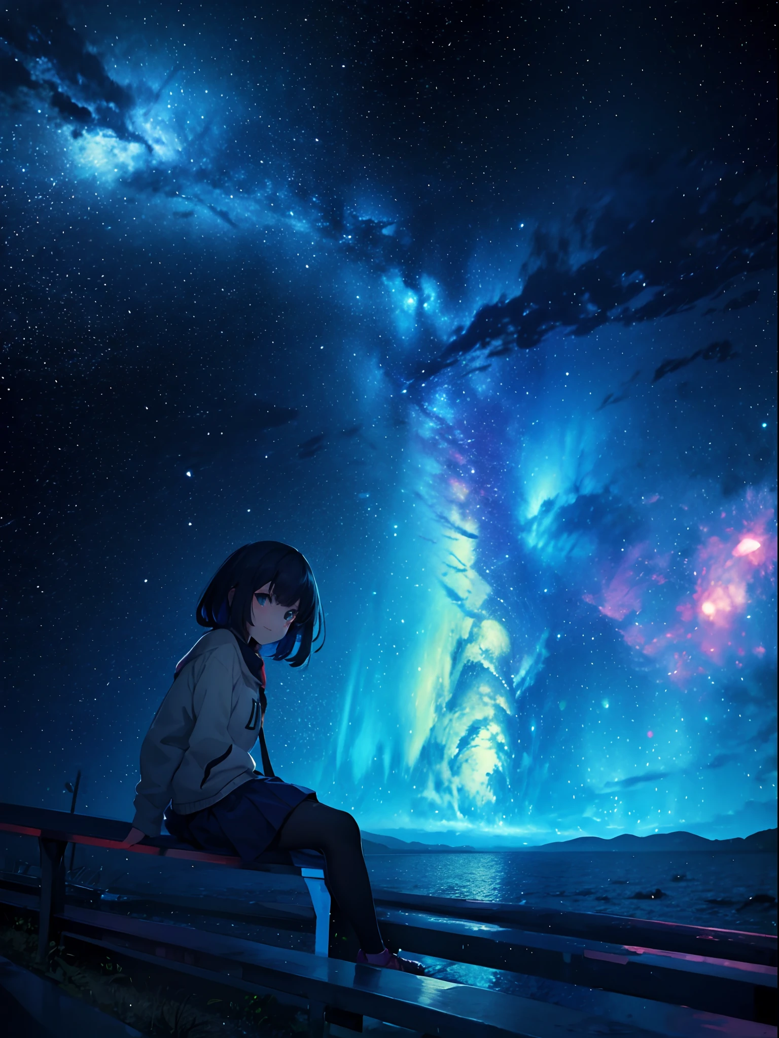 girl, cloud, Colorful, Cool, masutepiece, sit, From Side, (Sideways), Smile, starrysky, Stars