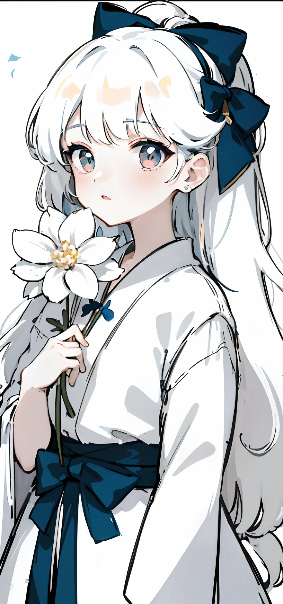 Anime girl with white hair blue bow holding flowers, White-haired god, long silver hair with a flower, White petals, flor branca, shikamimi, demon slayer rui fanart, white hime cut hairstyle, inspired by Nishikawa Sukenobu, offcial art, Palace , A girl in Hanfu, Holding a flower, inspired by Ma Yuanyu