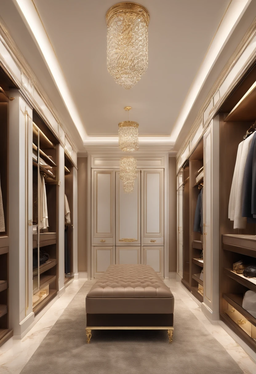 Walk-in closet view with bench and mirror,The color of the wardrobe cabinet is brown, The wardrobe cabinet door is a glass door, In the middle cabinet, put 2 LV reading flower bags, luxury item showcase, luxurious environment, luxury hd render, gold and luxury materials, luxury fashion, Luxury materials, elegant and refined, Neat and tidy, luxury brand, Modern style, Luxurious, LuxuryLifestyle, inspo, true realistic image, neo - classical, neo-classical
