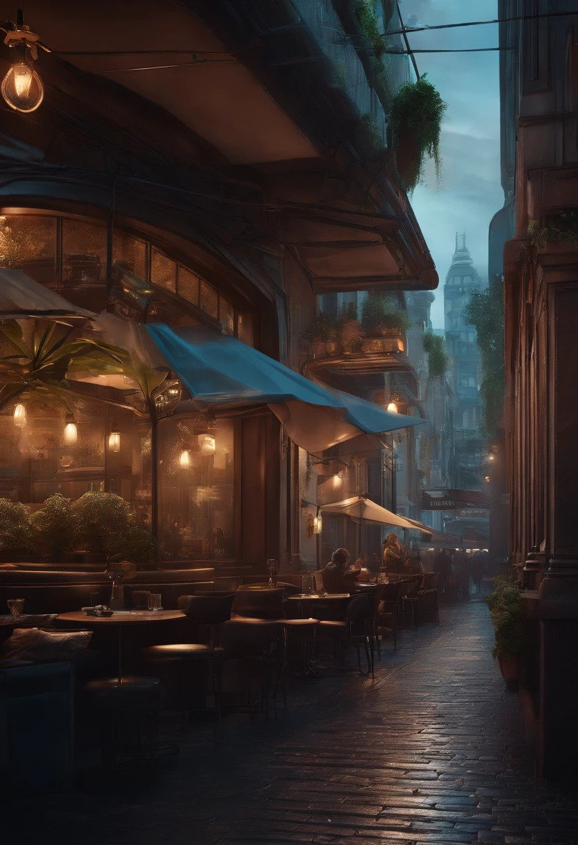 Photoreal, Cafe, futuristic, streets allay