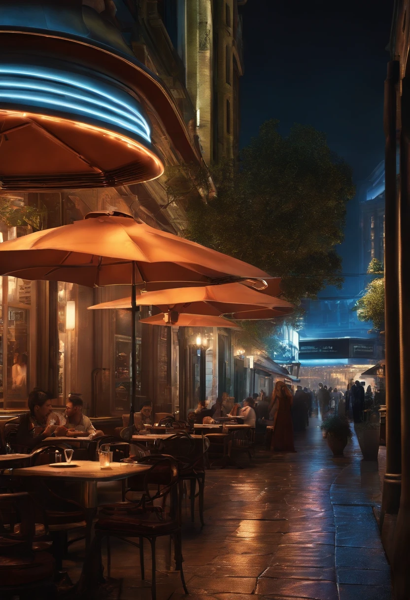Photoreal, Cafe, futuristic, streets allay