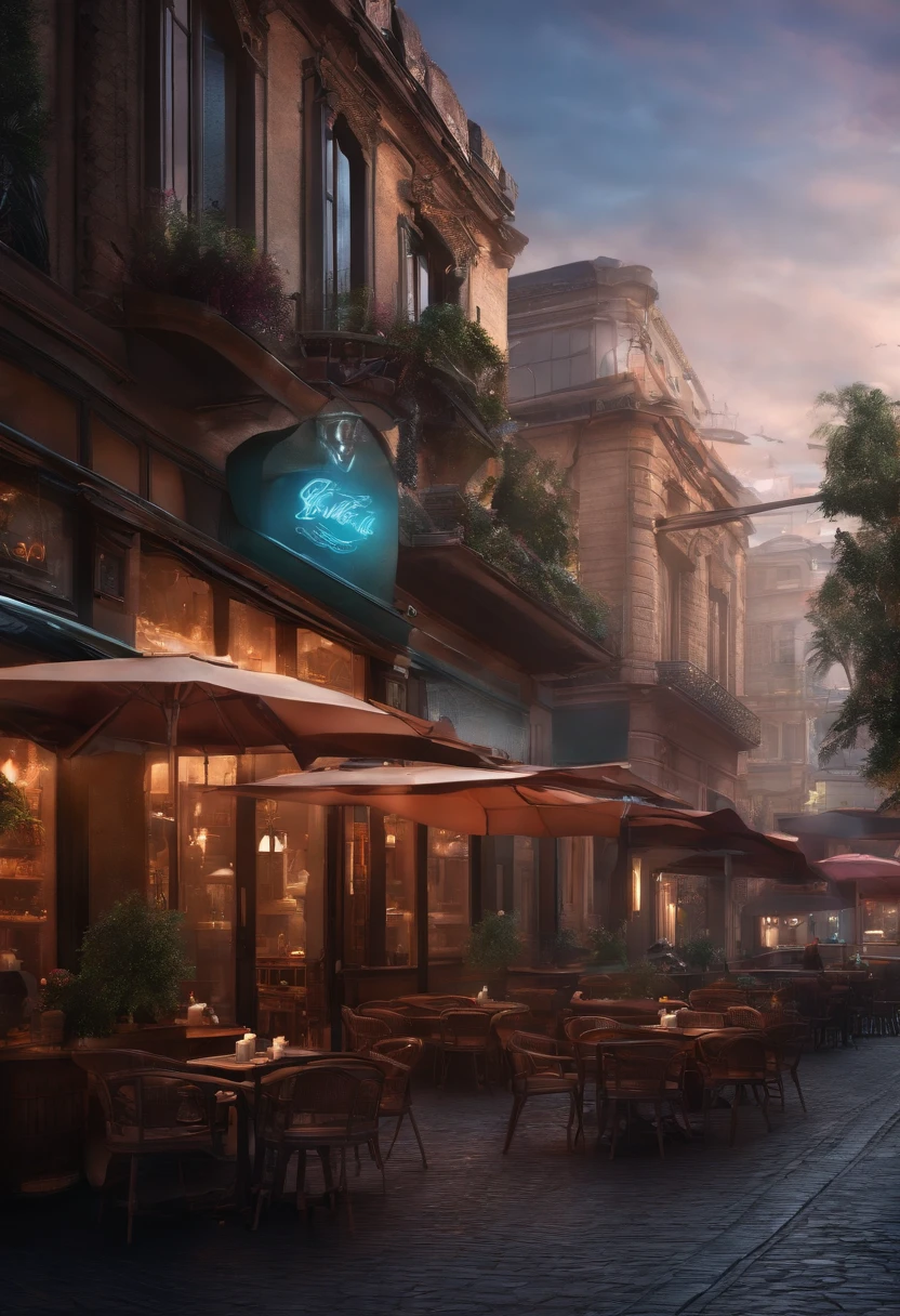 Photoreal, Cafe, futuristic, streets allay